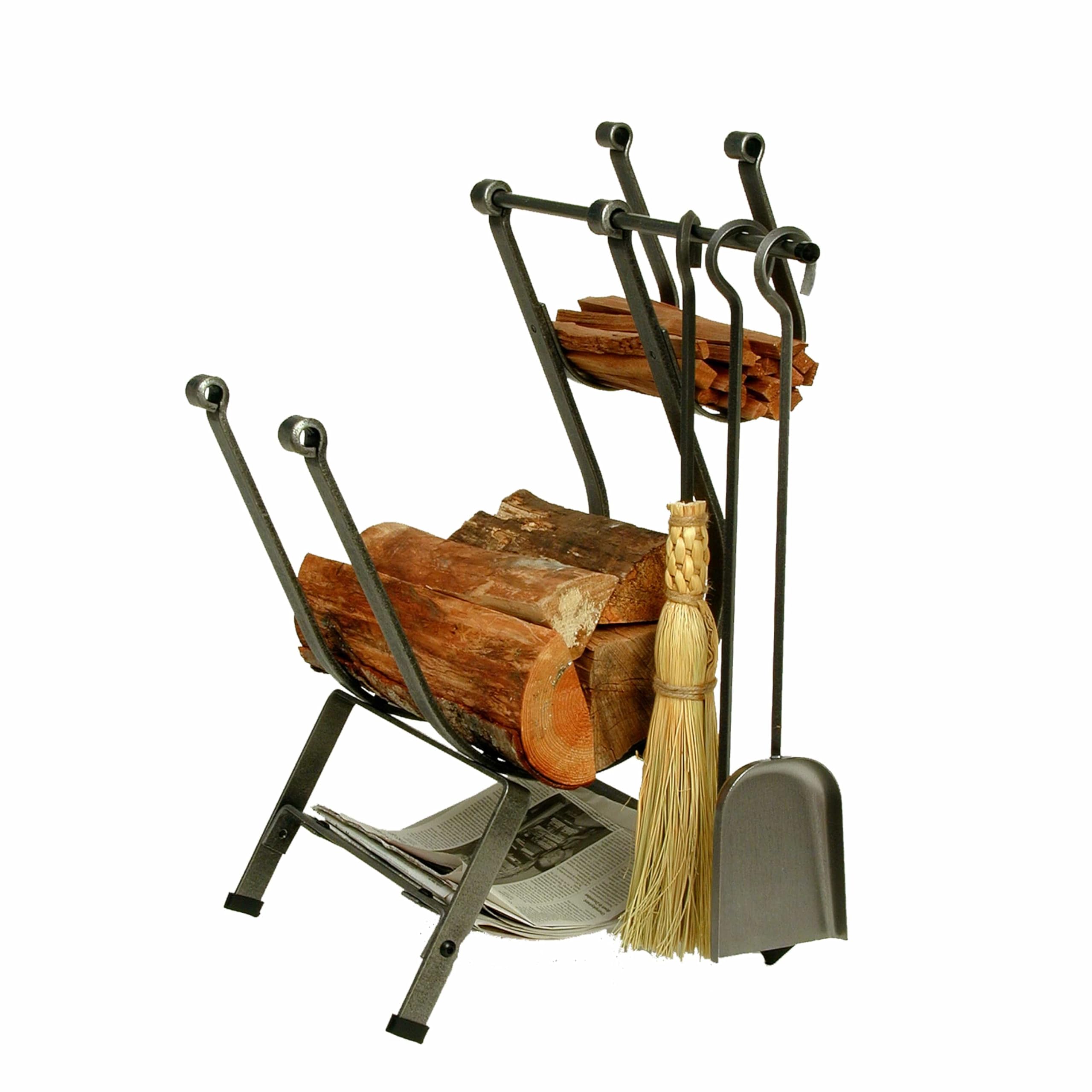 Heavy Duty Enclume Front Loading Firewood Rack with Fireplace Tools Set - Hammered Steel Log Holder for Indoor/Outdoor Use - Perfect for Fireplace, Patio, and Camping