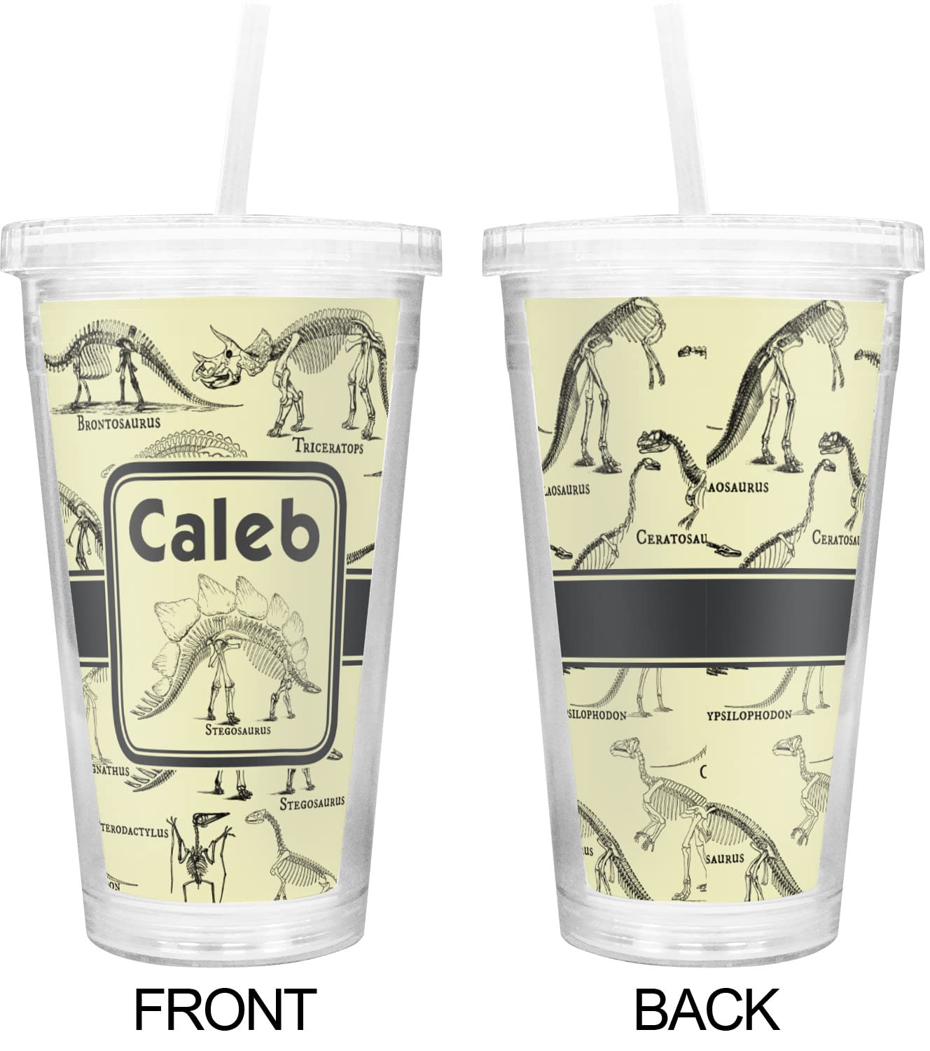 Custom Dinosaur Skeleton Double Wall Insulated Tumbler with Straw and Lid - Perfect for Kids Birthday Gifts, School, Camping & Outdoor Activities