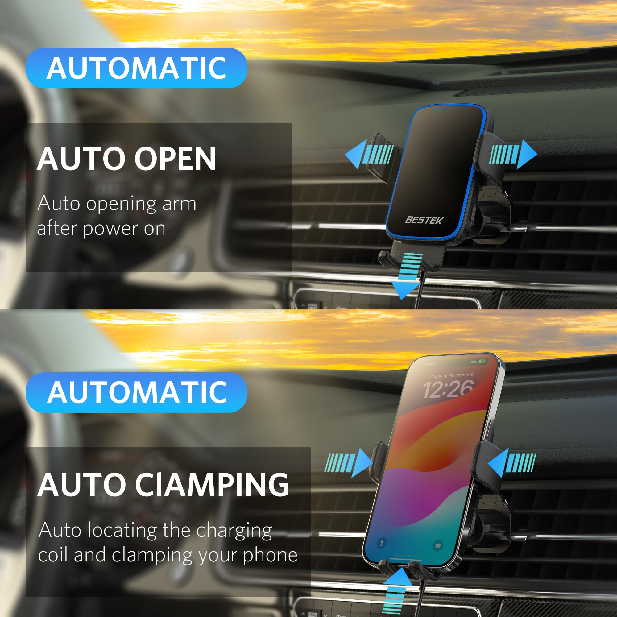 BESTEK 15W Fast Wireless Car Charger with Auto Clamping Holder - QC3.0 Compatible for iPhone 15/14/13/12/X/8, Samsung & LG - Perfect for Hands-Free Driving & GPS Navigation
