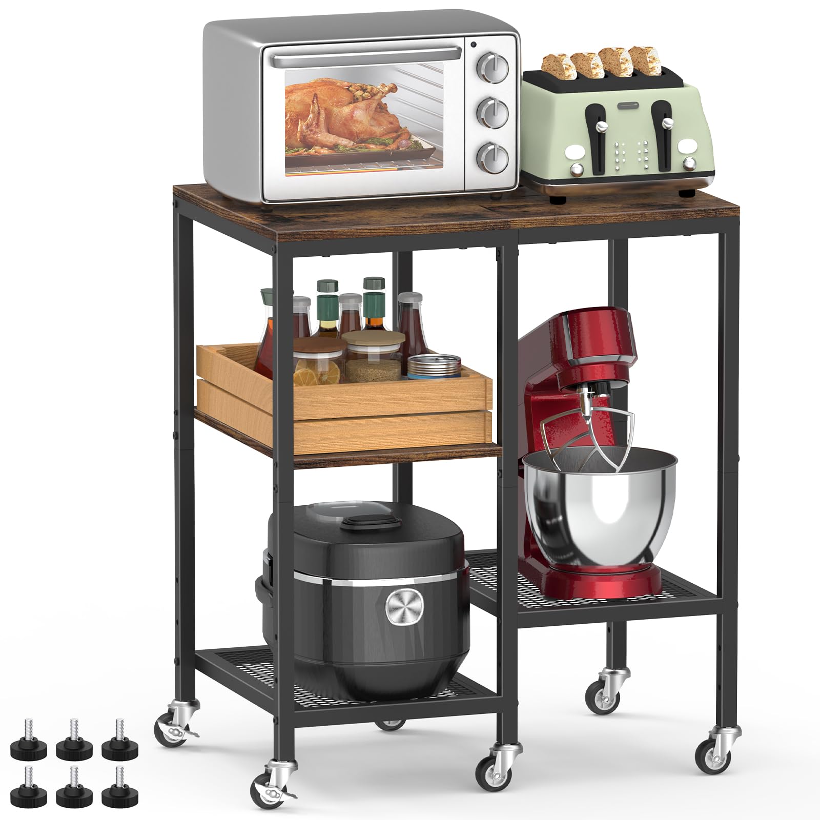 **4-Tier Rolling Microwave Cart with Wheels - Rustic Brown Kitchen Storage Shelf for Small Appliances, Coffee Bar Station & Baker's Rack | Perfect for Kitchen, Living Room & Apartment Organization**