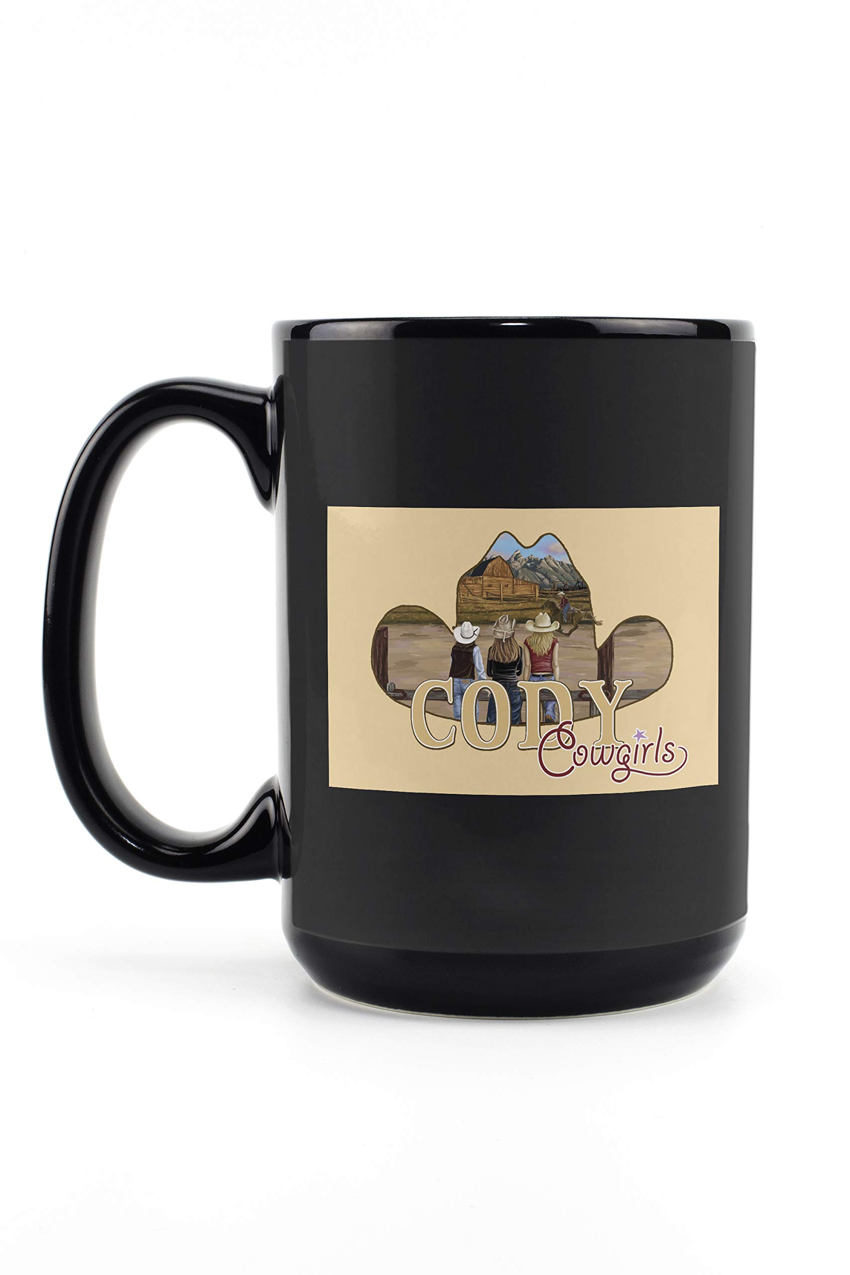 **Lantern Press Cody Wyoming Cowgirls Scene 15oz Black Ceramic Coffee Mug - Microwave & Dishwasher Safe - Perfect for Home, Office & Camping**