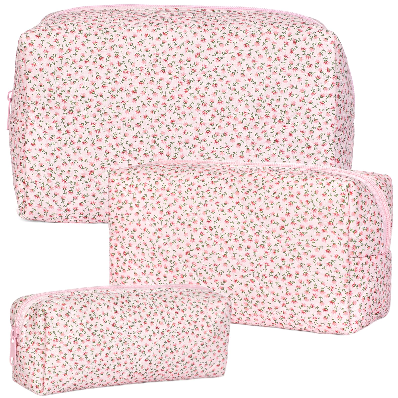 Quilted Makeup Bag Set for Women - Large Floral Cosmetic Pouch, Cute Cotton Brushes Storage & Travel Toiletry Organizer (Pink Floral) - Perfect for Travel, Home & Gift Giving