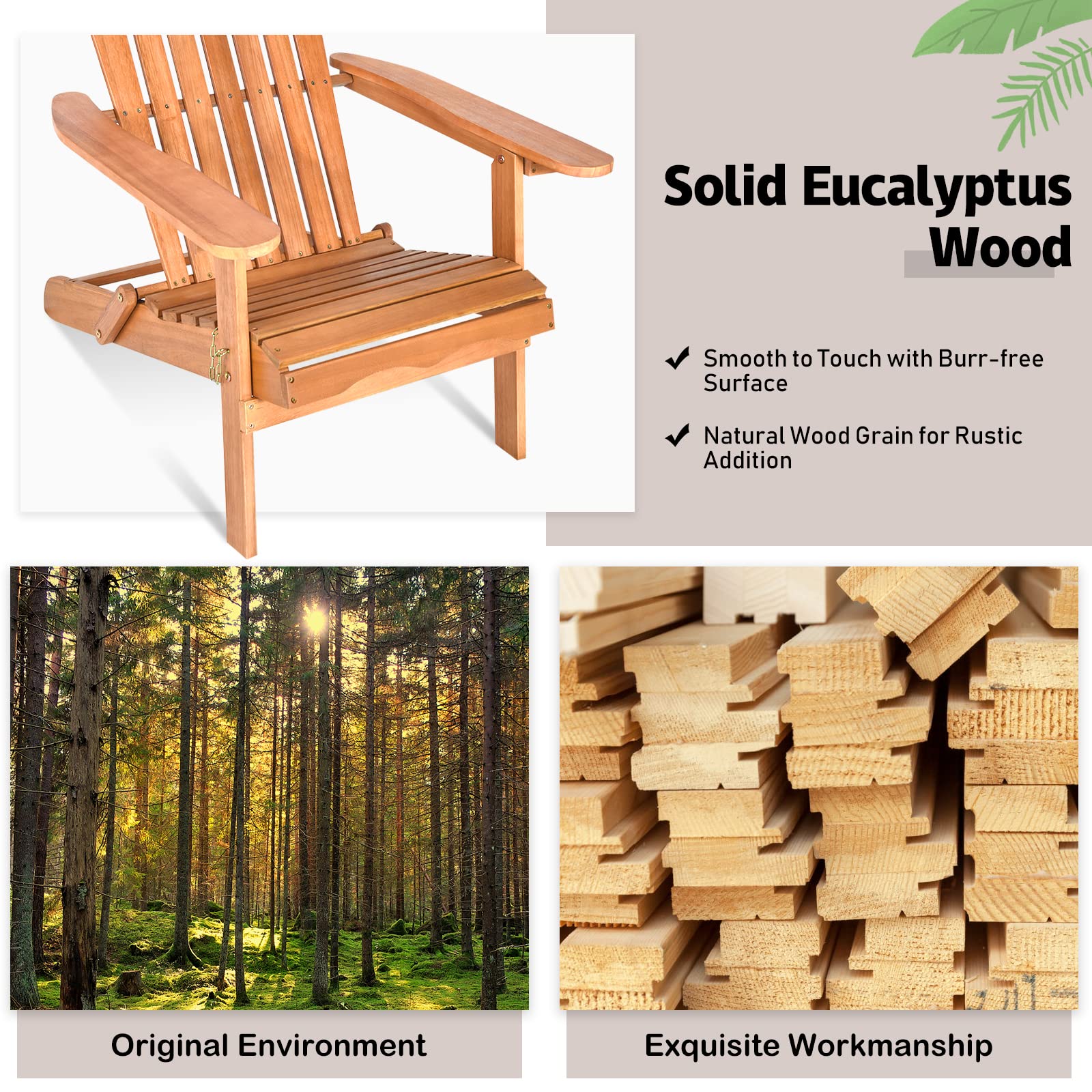 Tangkula Folding Adirondack Chair - Weather-Resistant Eucalyptus Wood Outdoor Lounge Chair for Patio, Porch, Deck, Poolside & Backyard - Perfect for Relaxing, Sunbathing and Outdoor Gatherings (2-Pack)