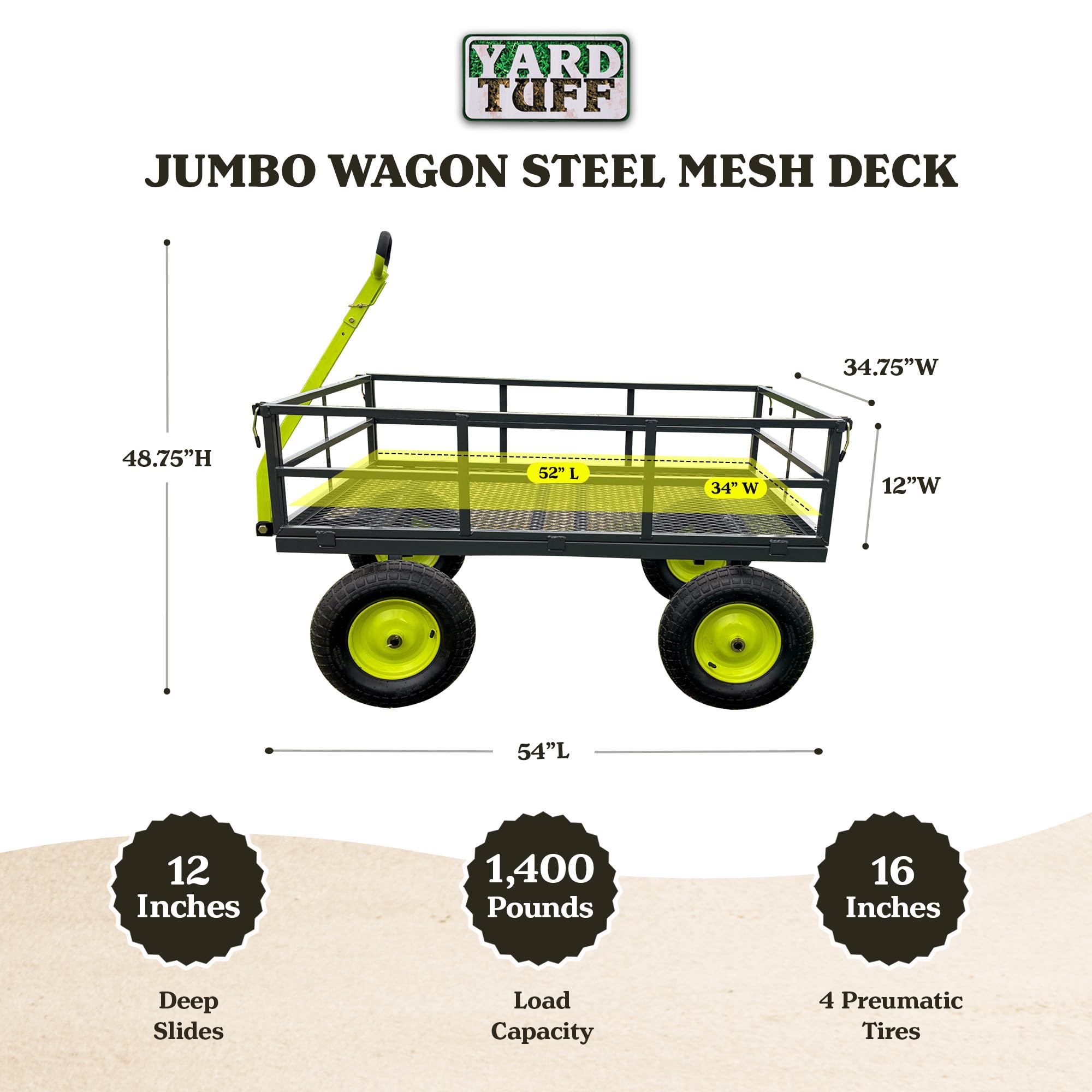 Yard Tuff Jumbo Wagon - Heavy Duty Steel Mesh Deck Utility Cart for Outdoor & Yard Work - 1400 lb Capacity with Large Stable Tires (34 x 52 Inch, Gray/Green) - Perfect for Gardening, Landscaping, Farm & Construction Use