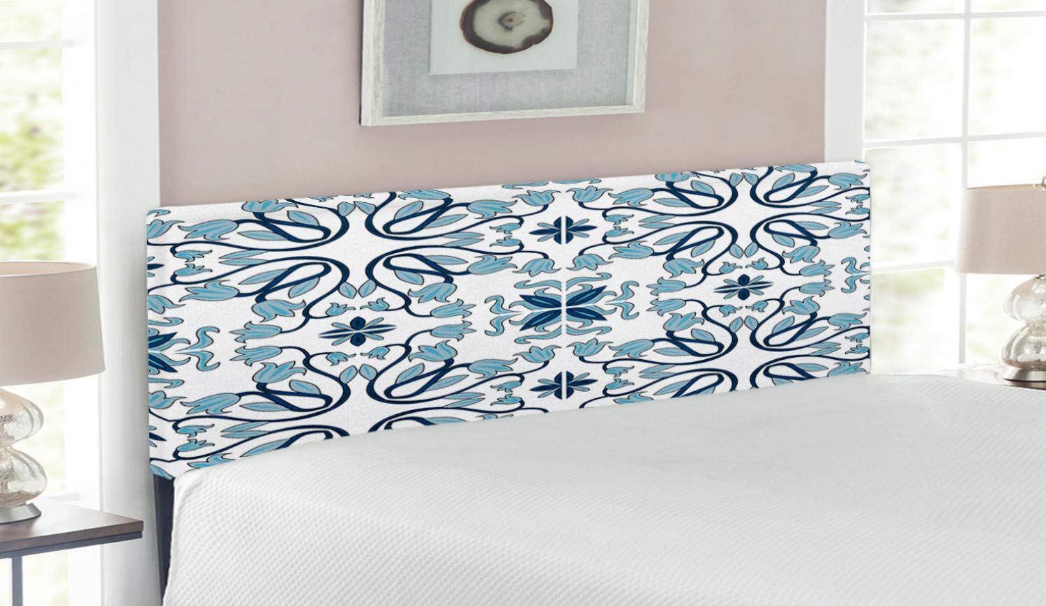 Ambesonne Ethnic Upholstered Headboard - Queen Size Medieval Persian Palace Floral Leaf Motif Artwork, Decorative Metal Bed Frame with Memory Foam in Pale Blue | Perfect for Bohemian & Vintage Bedroom Decor