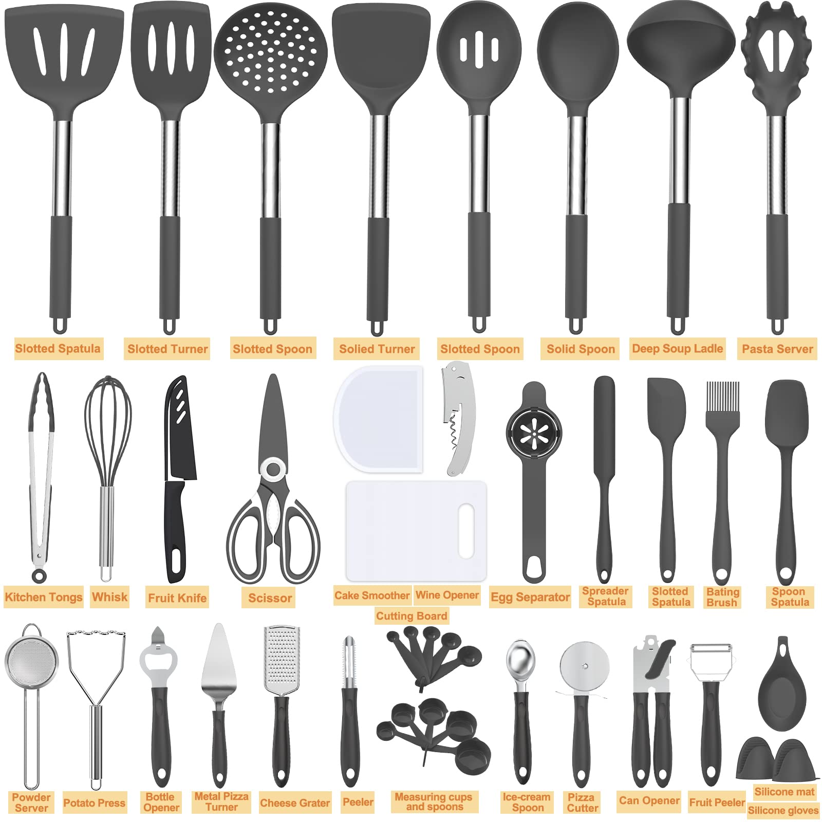 **Umite Chef 43-Piece Silicone Cooking Utensil Set with Stainless Steel Handles – Heat-Resistant Kitchen Tools for Nonstick Cookware, Pots & Pans – Perfect for Baking, Frying & Everyday Cooking (Grey)**