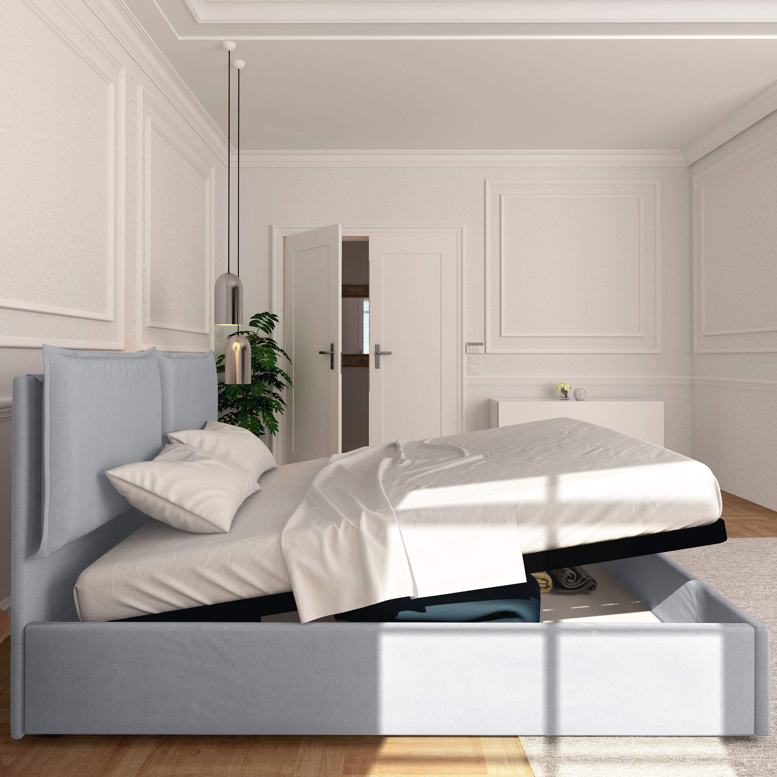 Baldiflex Licia Queen Size Bed Frame with Upholstered Headboard & Slatted Base - 160x190cm Synthetic Leather Platform Bed with Storage, Perfect for Master Bedroom & Guest Room