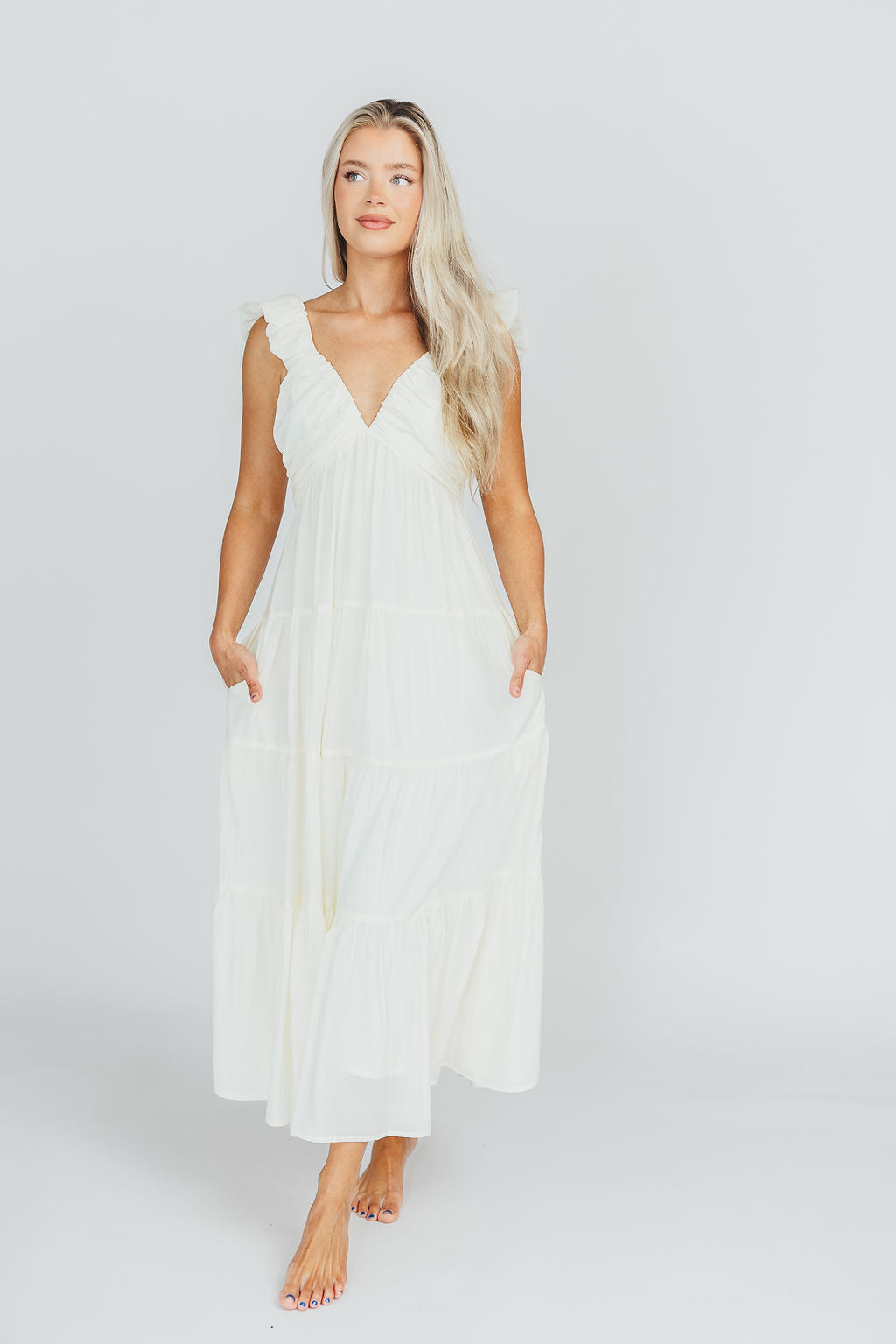 Katy Pleated Bodice Midi Dress in Cream | Bump Friendly Maternity Dress | Perfect for Baby Showers, Weddings & Special Occasions