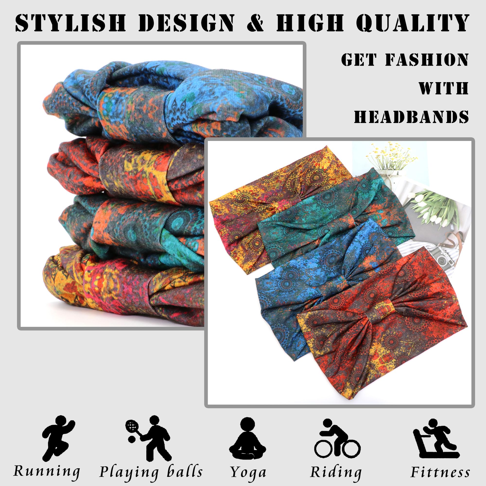 FULZTEY Fashion Boho Headbands for Women - 4PCS Knotted Wide Hair Bands, Soft Fabric Bandanas, Non-Slip Elastic Headwraps for Workout, Sports & Sweat - Stylish Hair Accessories for Teen Girls & Women | Perfect for Yoga, Running, Gym & Everyday Wear