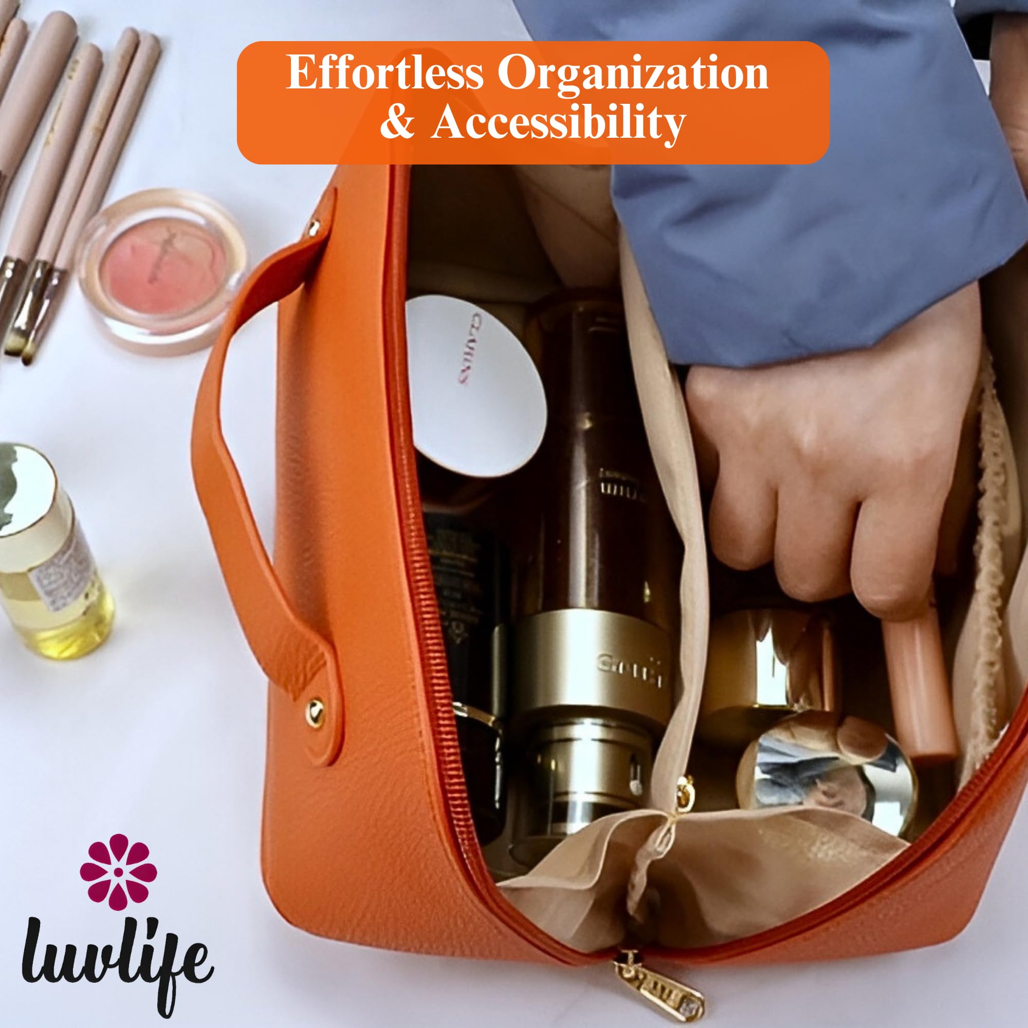 LuvLife Large Capacity Vegan Leather Cosmetic Travel Bag for Women & Girls - Portable Makeup Pouch with Wide Opening, Handle & Divider - Perfect for Toiletries Storage (12cm, Orange) - Includes Free E-Book - Ideal for Travel, Gym & Everyday Use