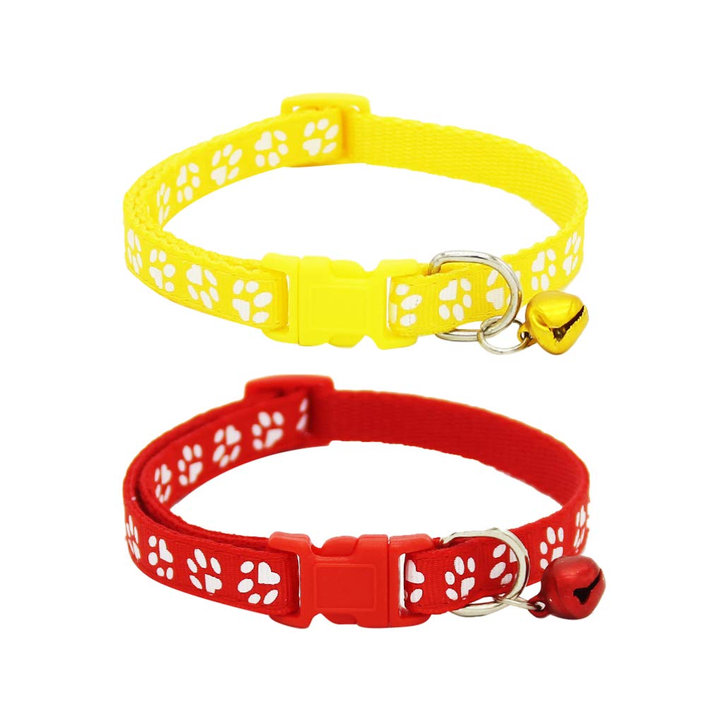 POPETPOP Adjustable Pet Collars 2-Pack with Bell - Cartoon Footprint Dog & Cat Collars for Puppies & Kittens (Red & Yellow) - Perfect for Walks, Training & ID Tags