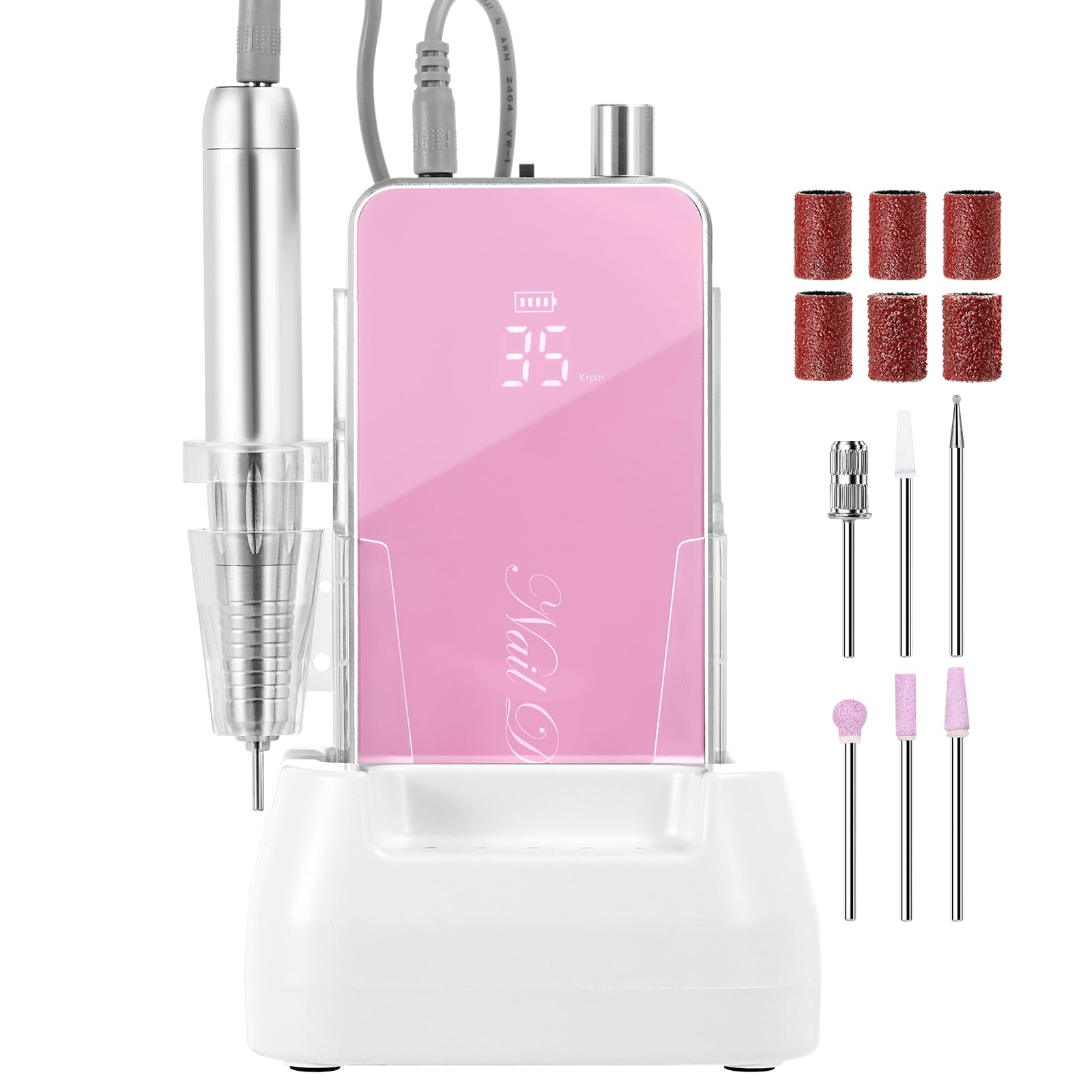 Makartt Professional Nail Drill - 35000RPM Rechargeable Electric Nail File with Coreless Motor & 6 Drill Bits Set for Acrylic & Gel Nail Removal | Perfect for Salon, Home Manicure & DIY Nail Art (Pink)