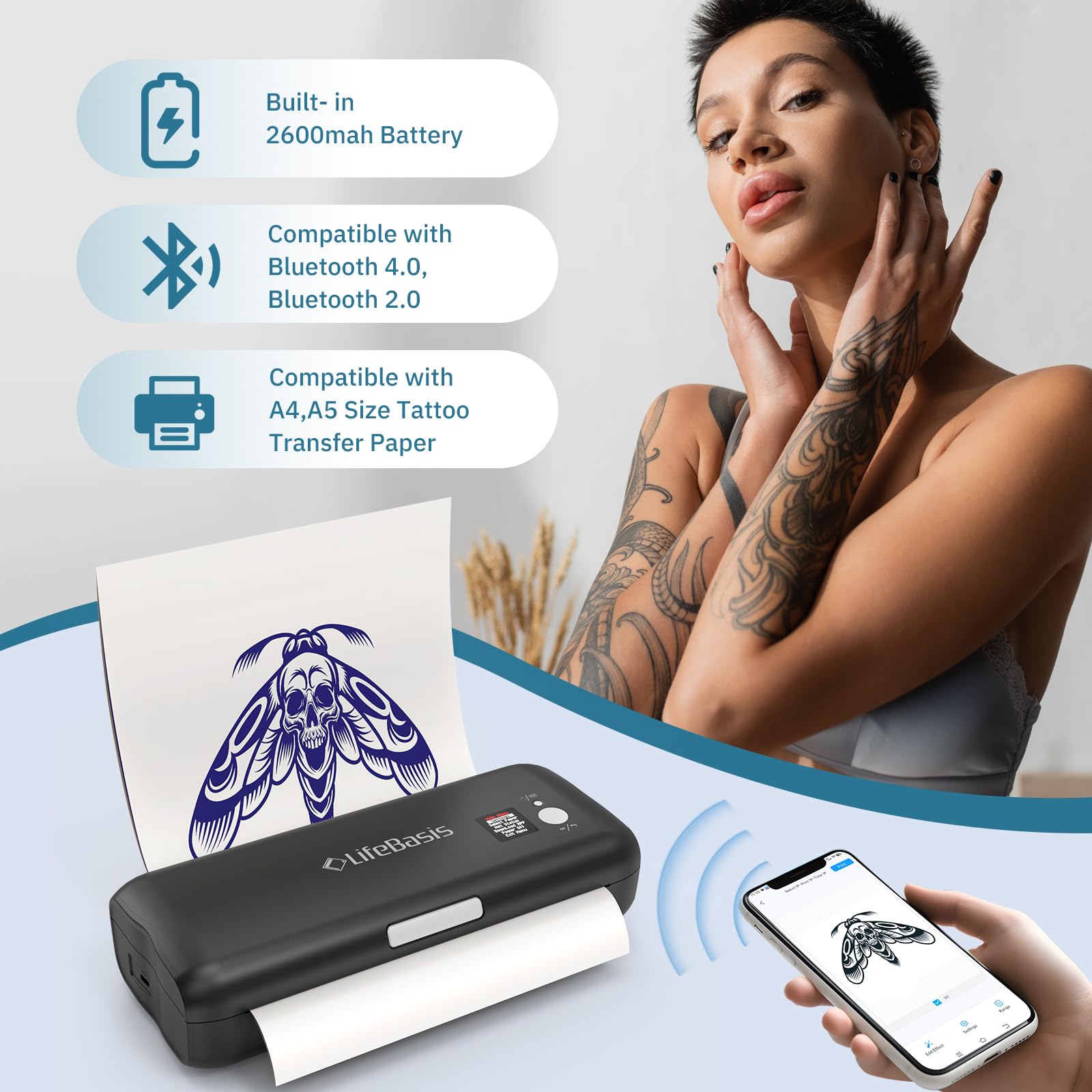 LifeBasis Bluetooth Tattoo Stencil Printer - Wireless Thermal Tattoo Transfer Machine with 30PCS Stencil Paper, Compatible with iOS & Android - Perfect for Tattoo Artists & Home Tattoo Kits