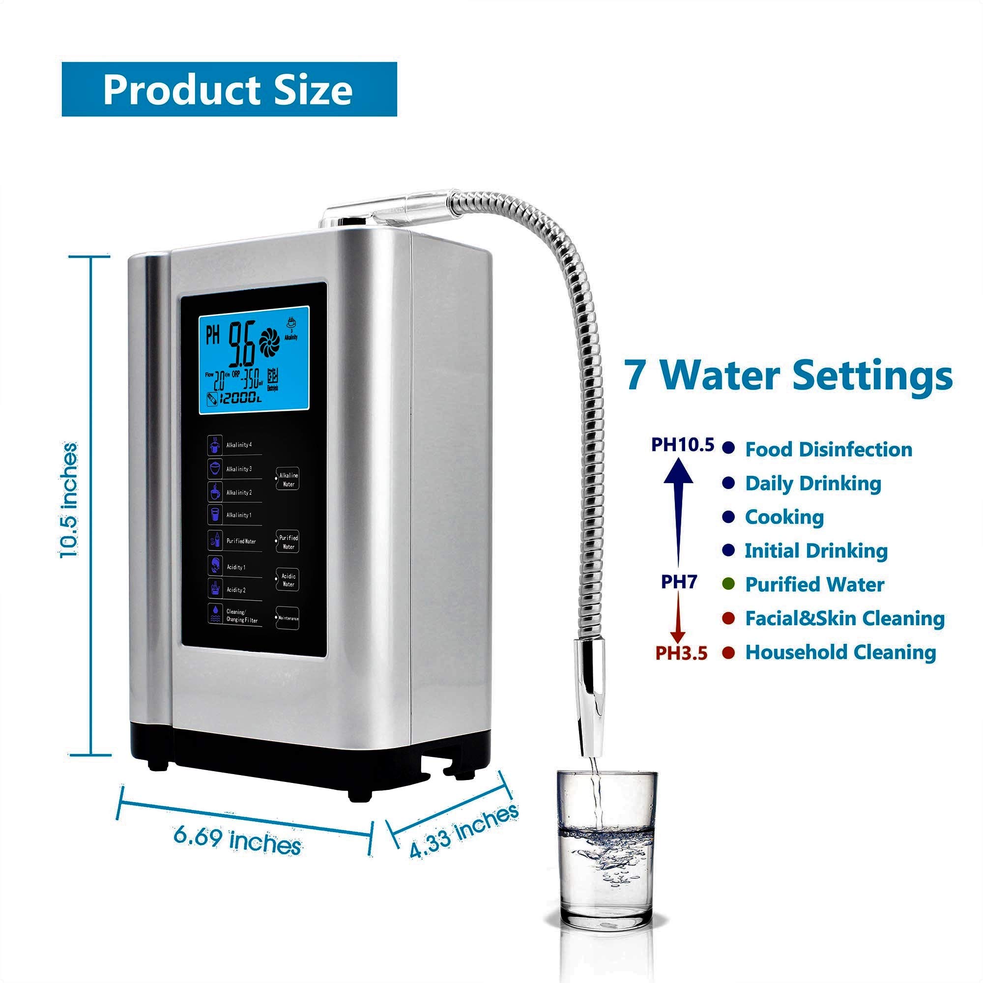 Premium Alkaline Water Ionizer Machine -500mV ORP, pH 3.5-10.5 Adjustable, 7 Water Settings, 8000L Filter Capacity, Auto-Cleaning & Voice Control (Silver) | Home & Office Hydration, Detox, Healthy Drinking Water Solution