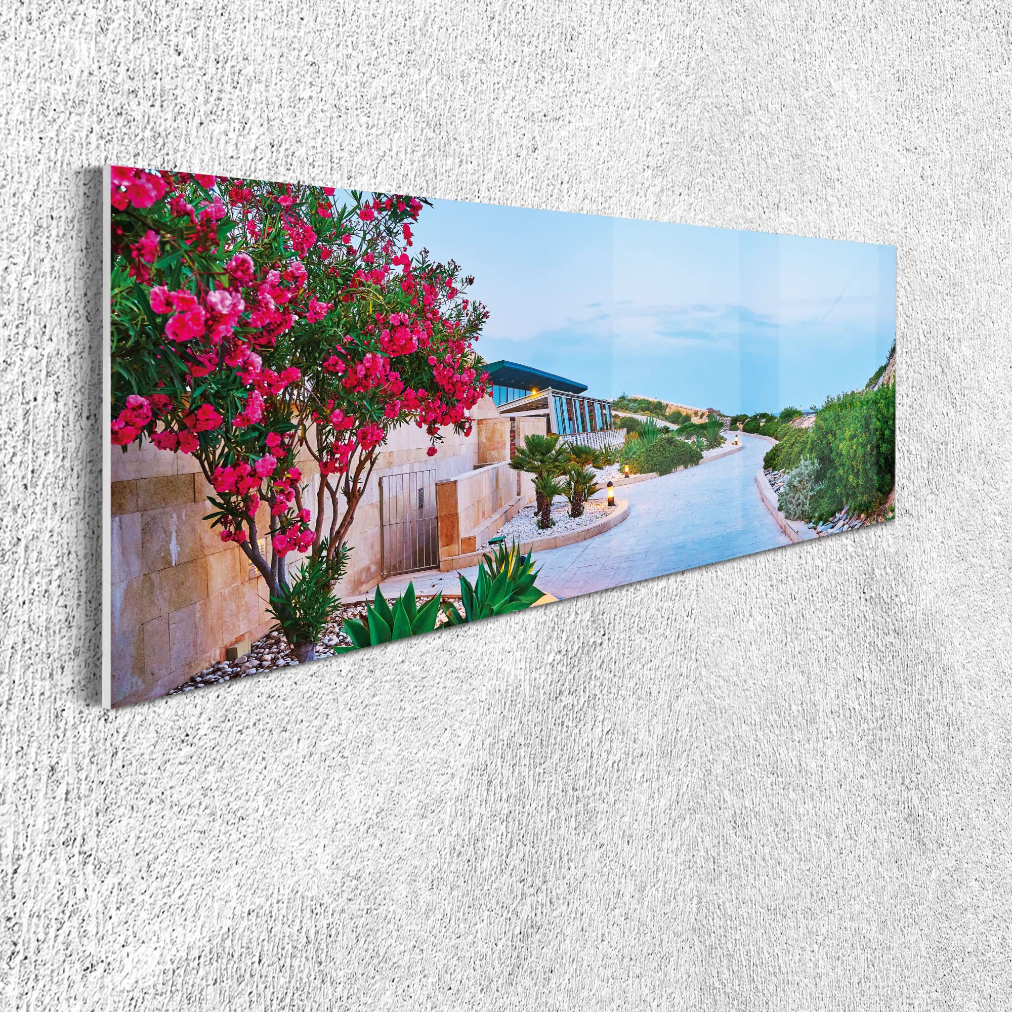 Ambesonne Cityscape Acrylic Glass Wall Art - Summer in Malta Blooming Garden & Coastal Modern Neighborhood - 42x16 Inch Blue Green Pink Wall Decor for Living Room, Bedroom, Dorm - Perfect for Coastal, Modern & Bohemian Home Decor Styles
