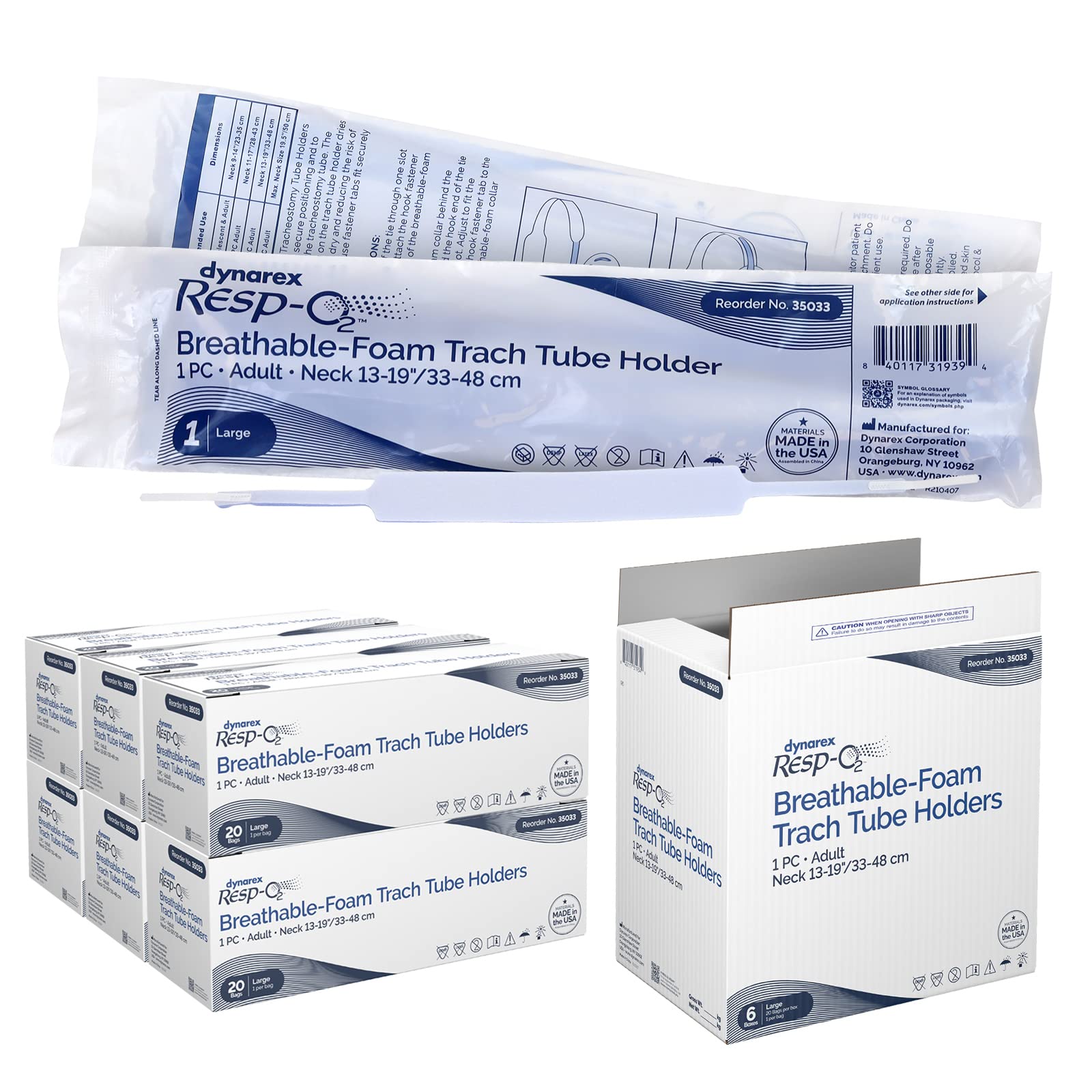 Dynarex Adjustable Breathable Foam Tracheostomy Tube Holder with Soft Outer Ties & Hook-and-Loop Closure - Large Size (1 Piece) - Ideal for Post-Surgical Care & Long-Term Tracheostomy Support - Case of 120