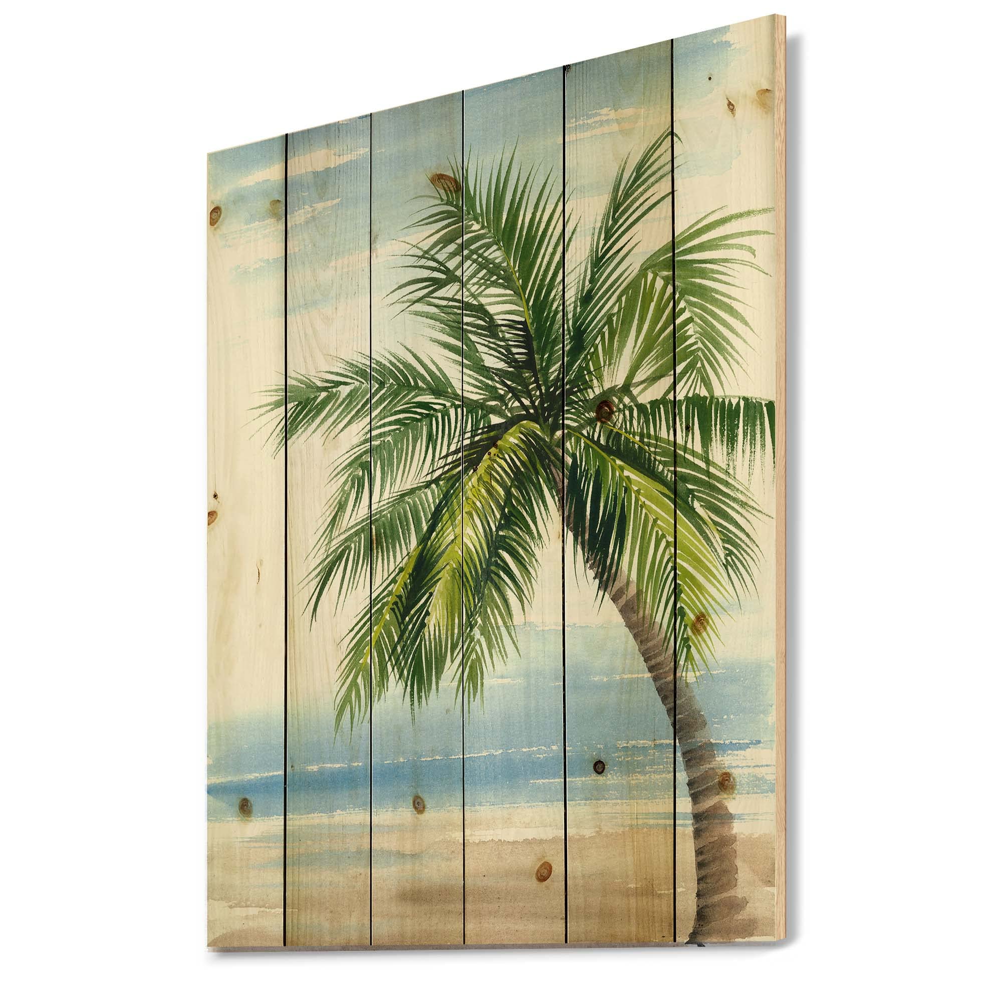 DesignQ Palm Tree At The Beach Resort Wood Wall Decor - Coastal Nautical Wall Art on Natural Pine Wood - Large Green Beach Wood Wall Panels for Living Room, Bedroom & Beach House Decor