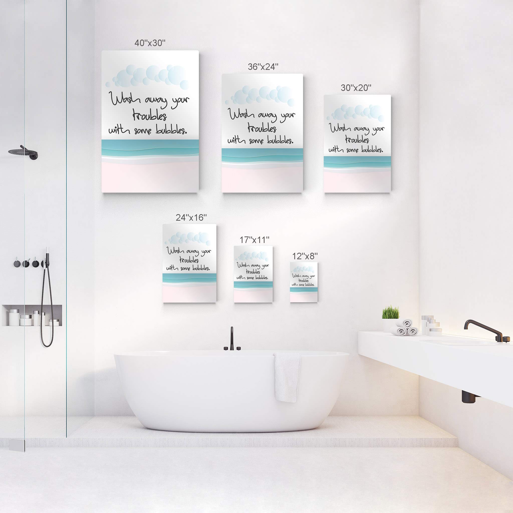 Smile Art Design 'Wash Away Your Troubles with Some Bubbles' - Funny Bathroom Quote Metal Print Wall Art - Ready to Hang Home Decor (40x30 Inches) - Made in USA - Perfect for Bathroom, Spa, or Relaxation Area Decor