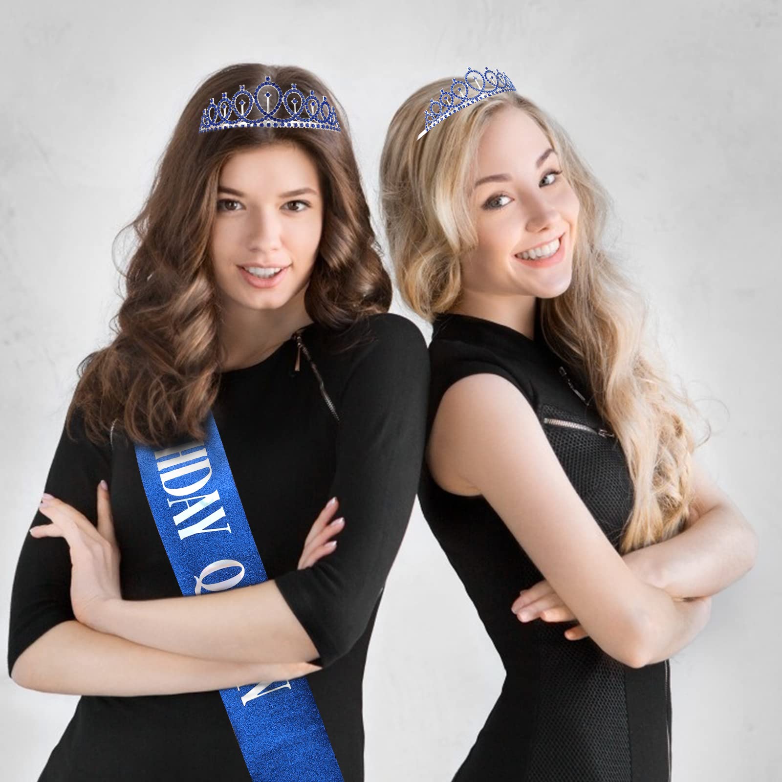 Sparkling Sapphire Birthday Crown & Sash Set for Women - Rhinestone Tiara & Queen Sash Birthday Party Accessories - Perfect for Birthday Celebrations, Bachelorette Parties, and Special Occasions