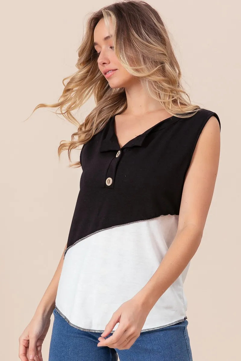 Stylish BiBi Color Block Contrast Stitching Buttoned Henley Top for Women | Trendy Casual & Workwear Blouse | Perfect for Office, Dating & Weekend Outfits