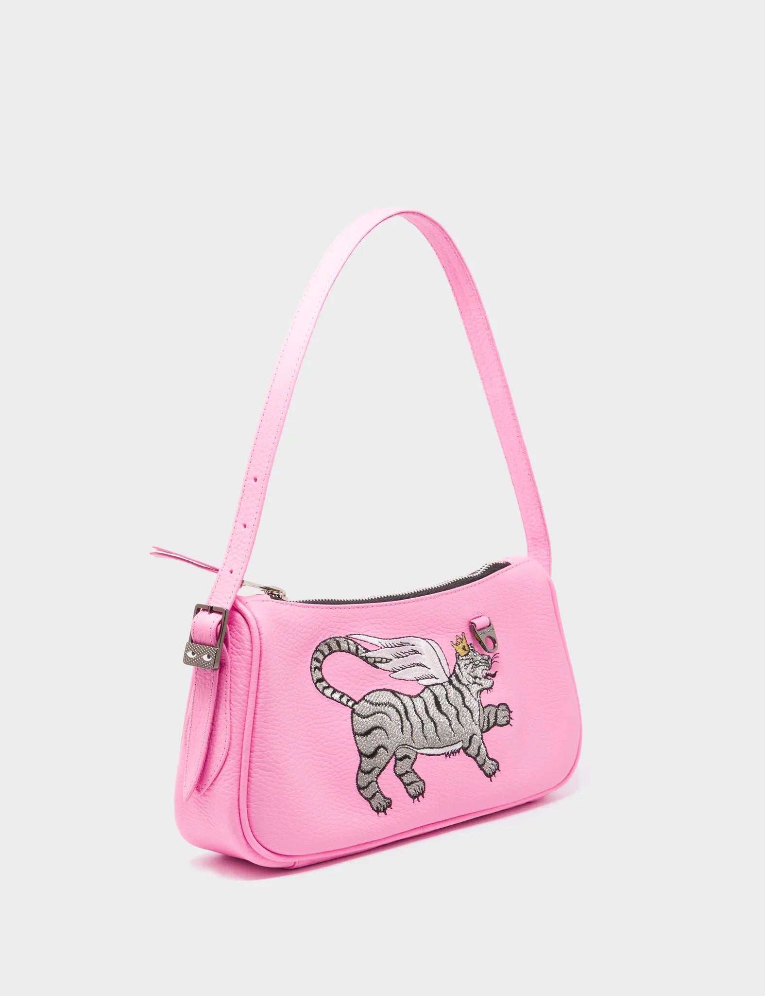 Lucas Hobo Mini Soft Neon Pink Handbag with Winged Tiger Embroidery - Stylish Crossbody Purse for Women, Perfect for Parties, Dating & Daily Use