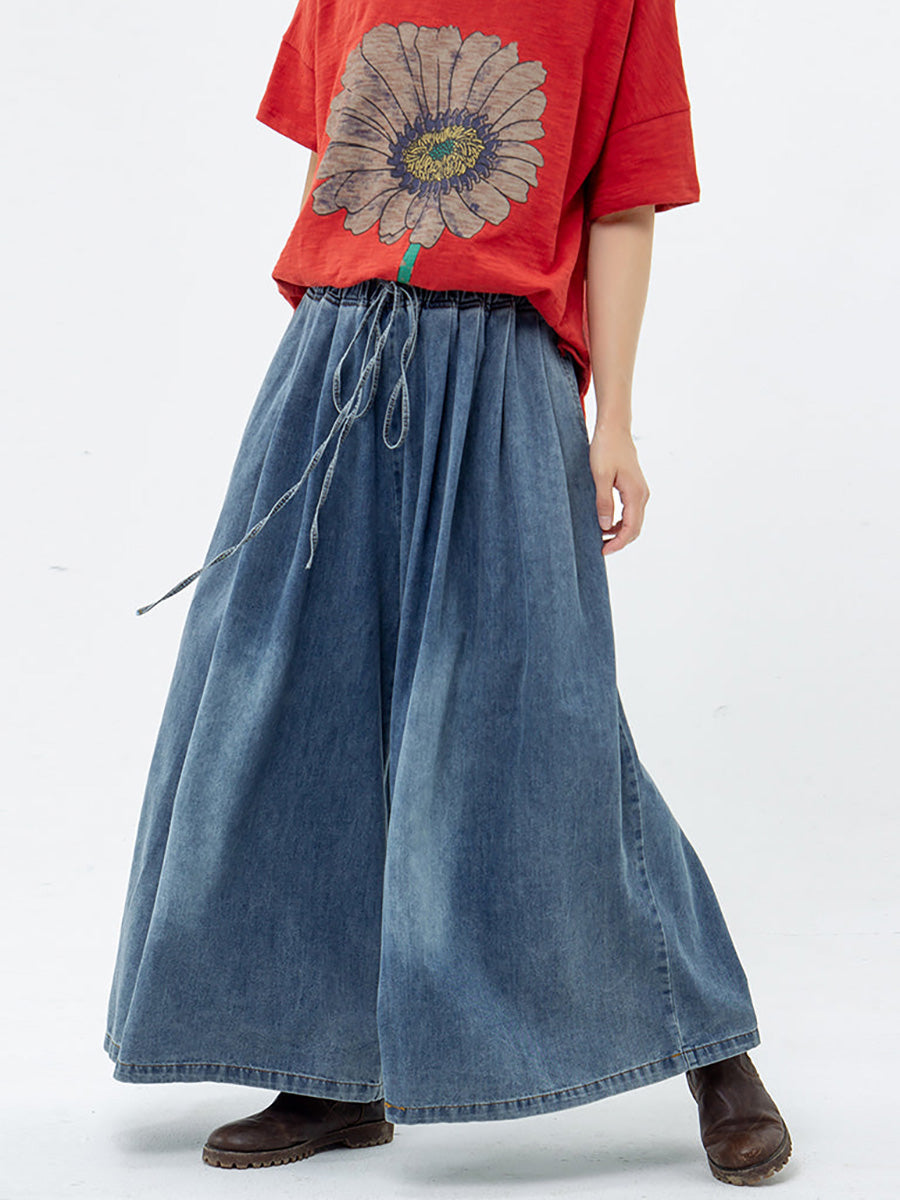 Plus Size Casual Drawstring Blue Denim Wide Leg Pants Jeans for Women - Comfortable Stretch High Waist Trousers for Everyday Wear, Work & Travel