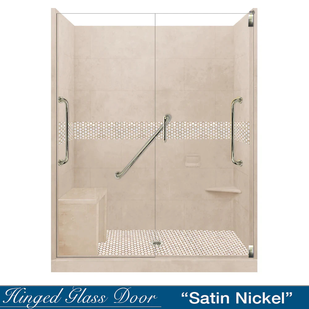 60 Alcove Desert Sand Sistine Stone & Honey Hex Mosaic Tile Accent - DIY Shower Remodel Kit with Free Shampoo Niche | Bathroom Wall & Floor Tile for Shower Backsplash, Bathroom Renovation, and Home Decor