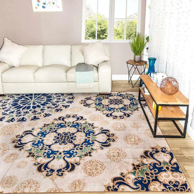 Thalia Damask Medallion Non-Slip Washable Indoor Area Rug - Soft Living Room Carpet, Bedroom Runner, Home Decor for Cozy Spaces