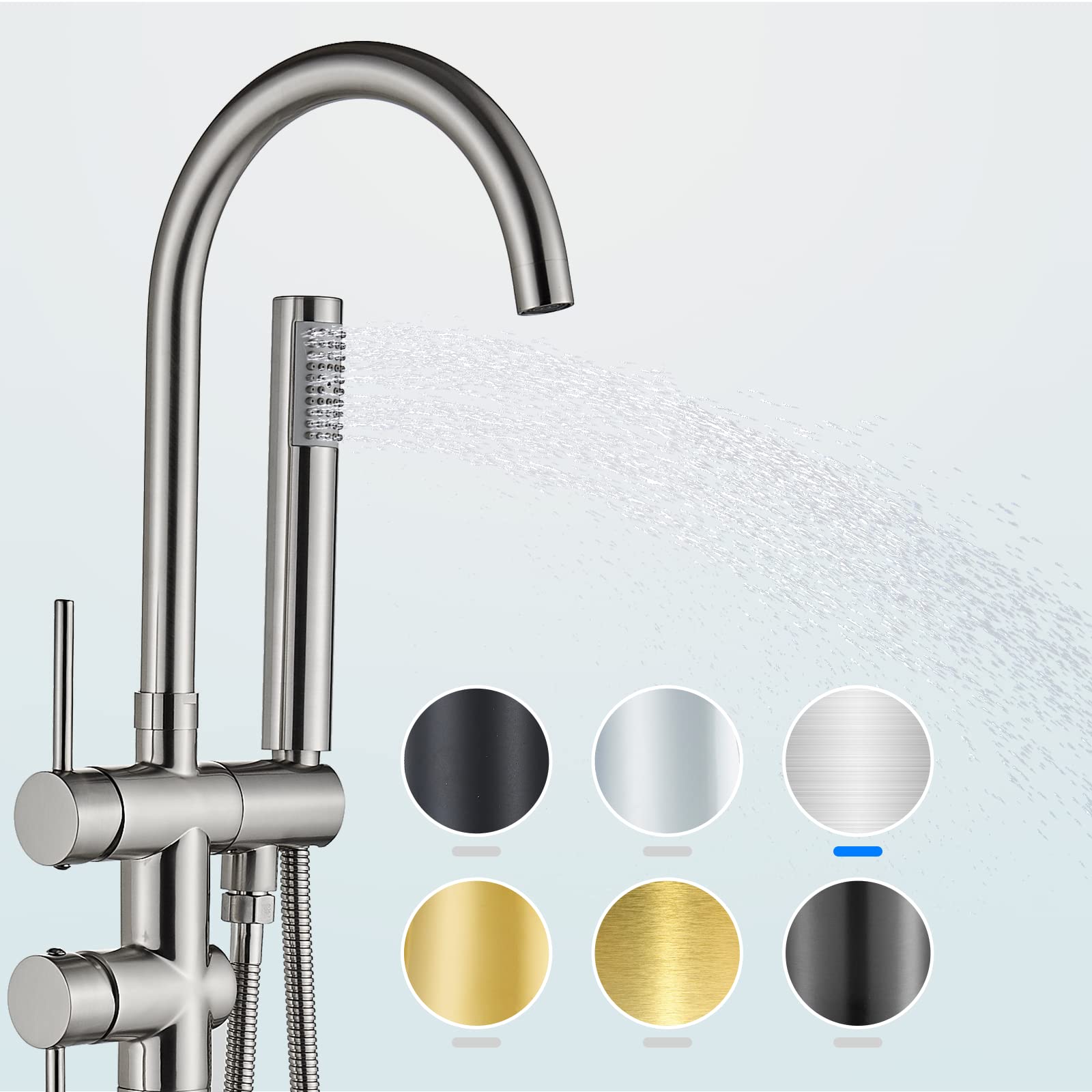 YAGATAP Freestanding Bathtub Faucet - Floor Mount Tub Filler with Handheld Shower Mixer in Brushed Nickel - High Flow Shower Faucet with Swivel Spout for Modern Bathroom Luxury | Perfect for Spa-Like Relaxation and Elegant Bathroom Upgrades