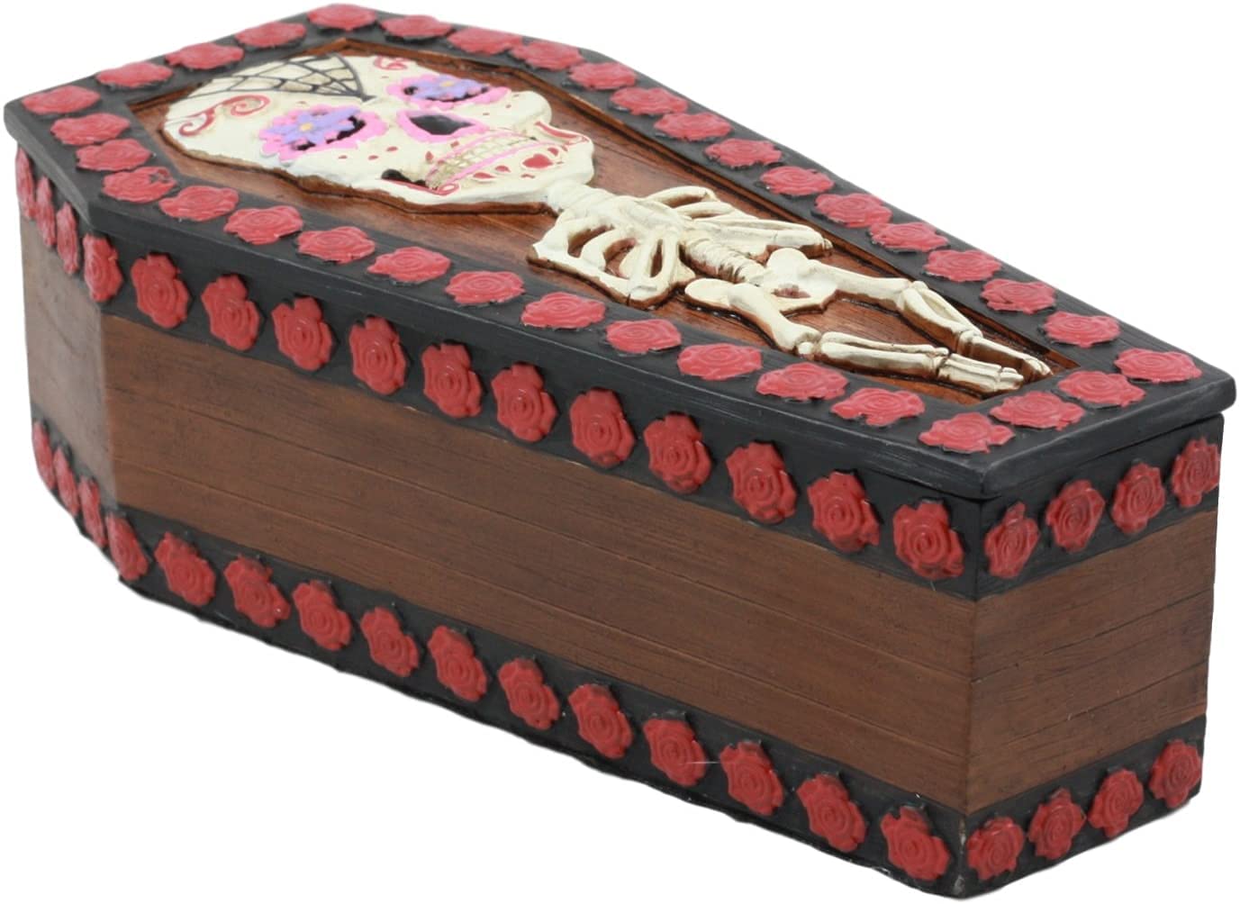 Ebros Gothic Sugar Skull Jewelry Box with Red Roses - Day of The Dead Decor, Skeleton Coffin Trinket Box for Secret Stash - Perfect for Halloween, Gothic Home Decor & Vampire Themed Collections
