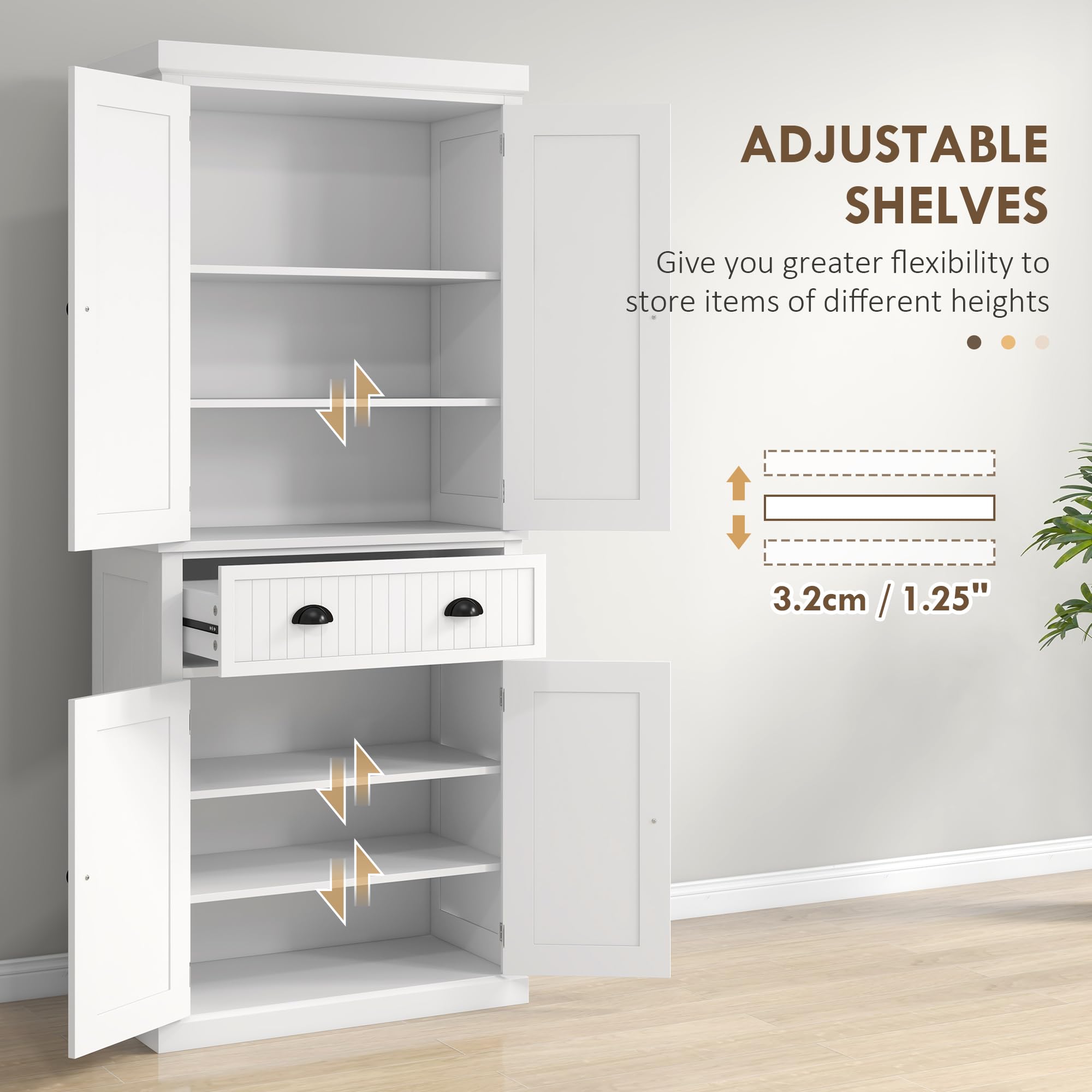 HOMCOM 183cm Freestanding Kitchen Cupboard - 4-Door Tall Storage Cabinet with 3 Adjustable Shelves, White Traditional Pantry for Dining Room & Kitchen Organization | Perfect for Small Spaces, Apartment Living & Home Storage Solutions
