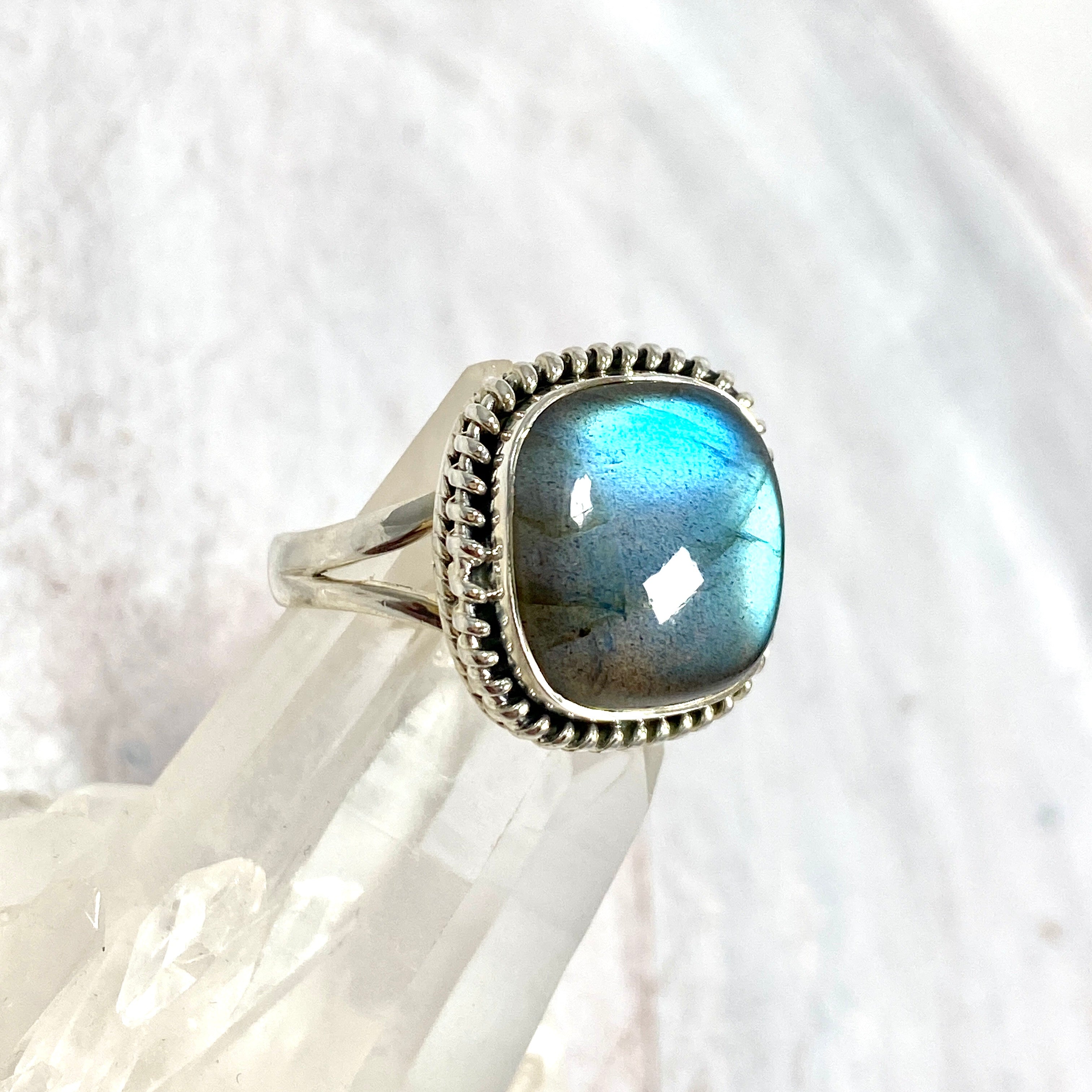 Labradorite Square Cabochon Filigree Ring - Size 9 - KRGJ2738 - Elegant Handmade Jewelry for Women, Perfect for Weddings, Parties & Special Occasions