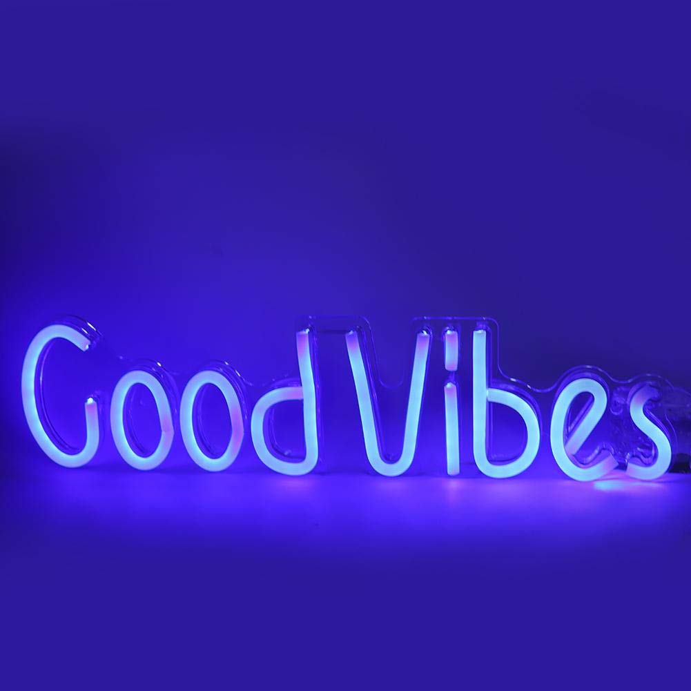 Yosoo USB LED Neon Lights - Good Vibes Letters Shaped Transparent Panel for Room Decor, Party Lighting, Bedroom & Bar Sign - Cool Blue Glow for Home, Office, Wedding, Birthday Celebration