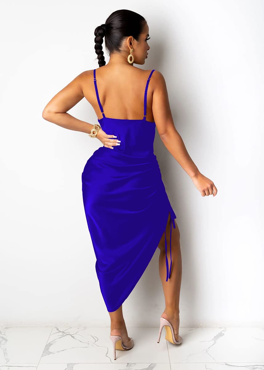 BFFBABY Women's Sexy Sleeveless Satin Cocktail Dress - Adjustable Spaghetti Strap Backless Ruched Midi Dress for Party, Club, Date Night & Special Occasions | Elegant Evening Wear & Night Out Outfits