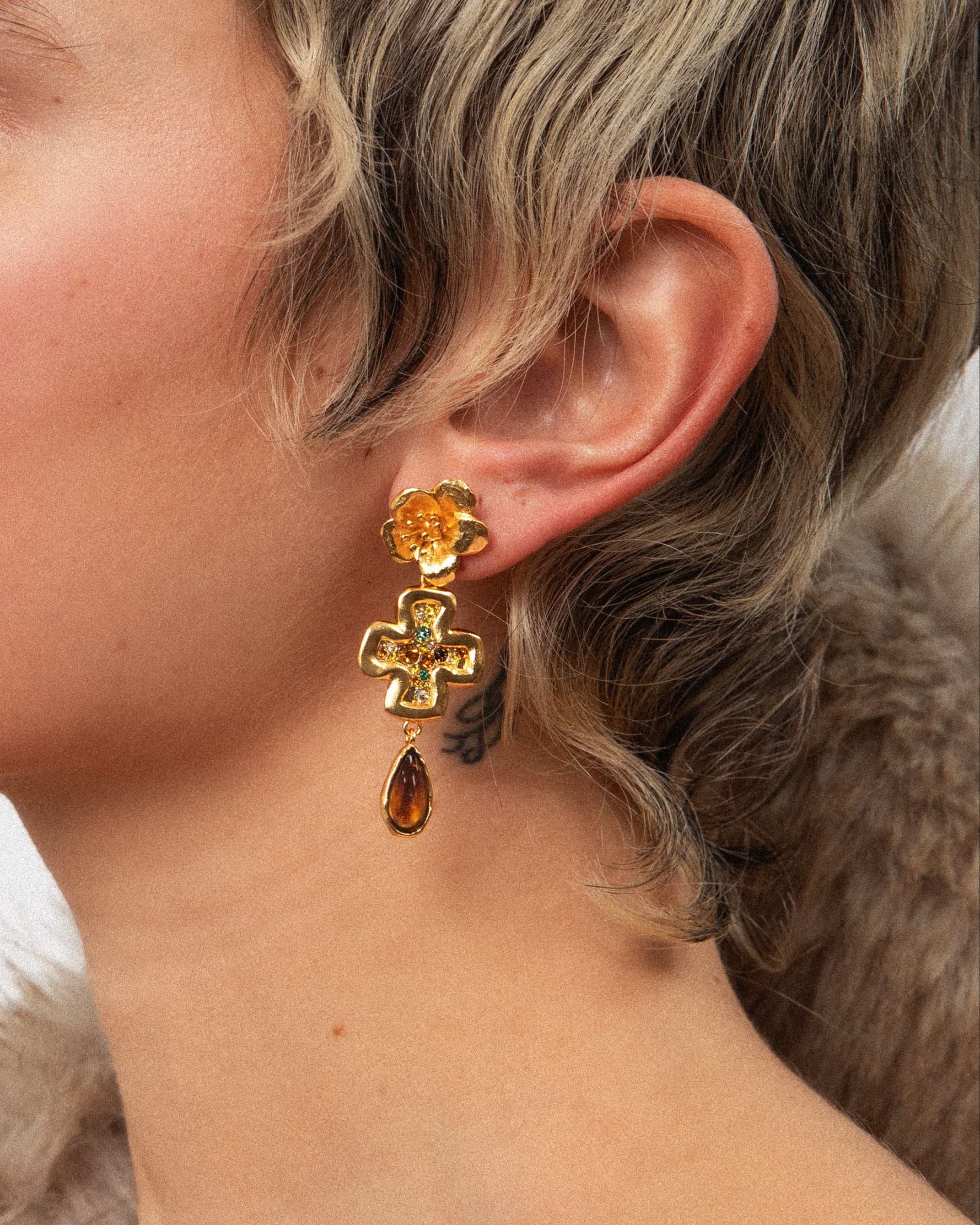 Amber Dew Floral Cross Earrings - Elegant Bohemian Style Jewelry for Women | Perfect for Church, Weddings & Everyday Wear