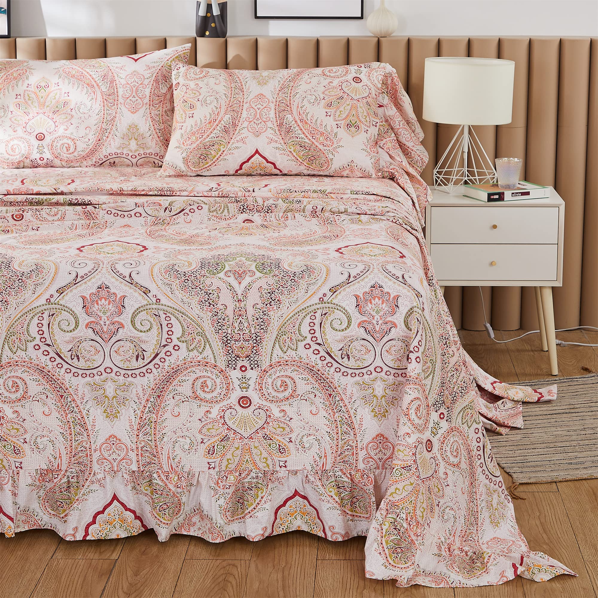 ABREEZE Pink Paisley Print 4-Piece Bed Sheet Set - 1000TC Egyptian Cotton Full Size Bohemian Bedding with Damask Medallion Design for Boho & Farmhouse Decor | Perfect for Guest Rooms, Master Bedrooms & Cozy Retreats