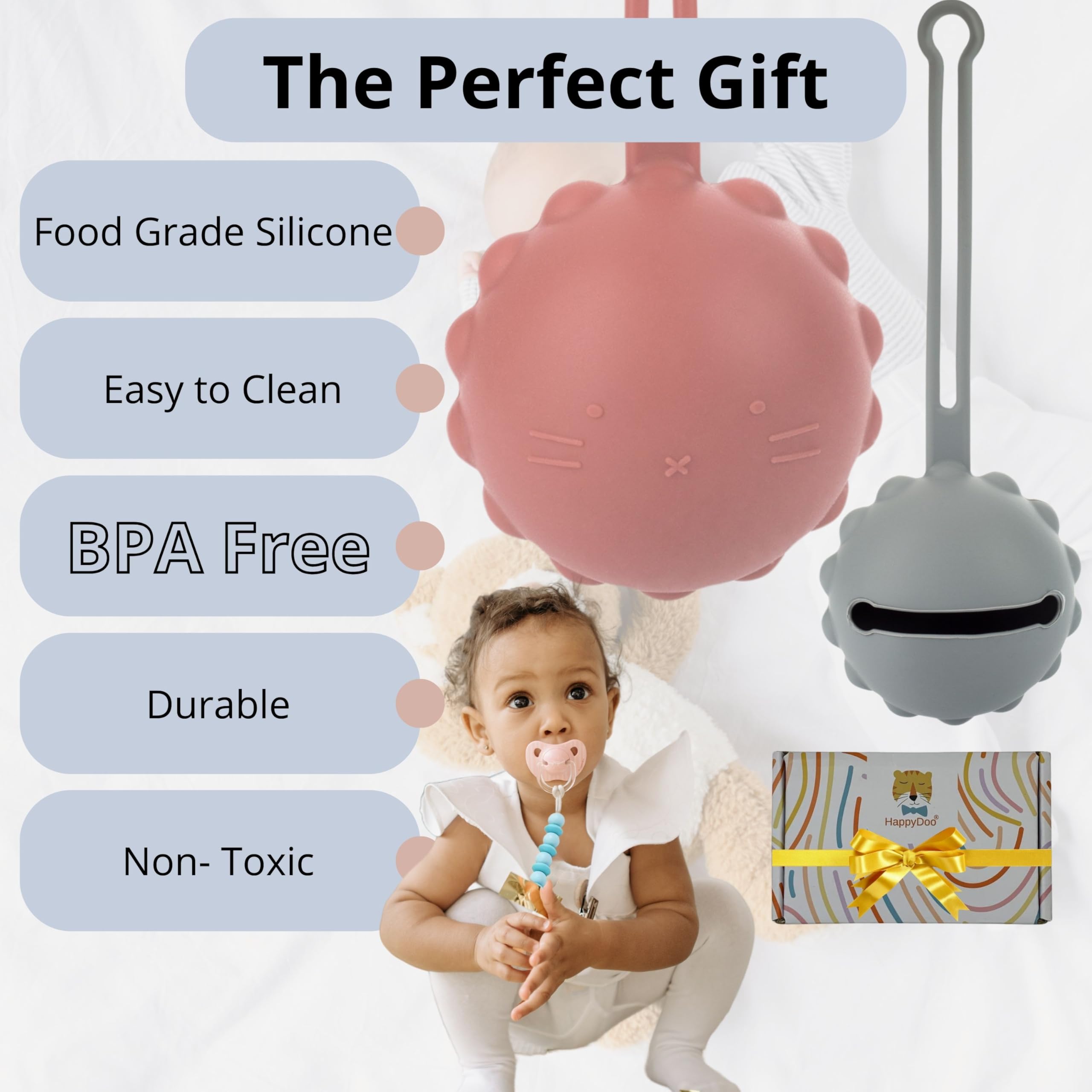 HappyDoo 2-in-1 Silicone Pacifier Holder & Clip Set - BPA Free, Flexible & Easy Clean (3-Pack with Gift Box) - Perfect for Baby Strollers, Car Seats & Diaper Bags