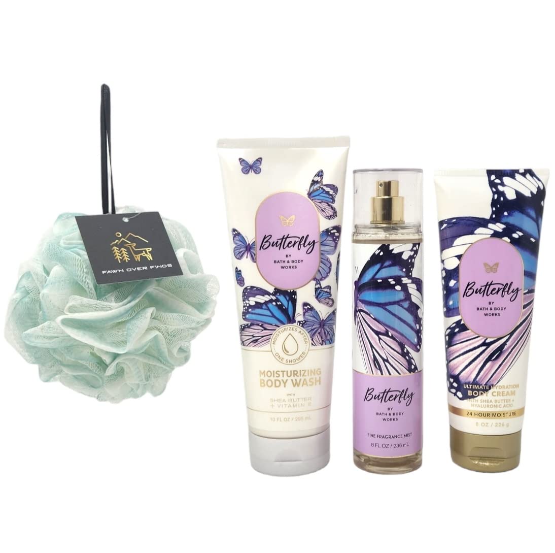 7-Piece Deluxe Butterfly Body Care Gift Set - Moisturizing Body Wash, Fine Fragrance Mist, Body Cream, Shower Loofah, Cello Bag, Gift Ribbon & Tag - Perfect for Birthdays, Mother's Day & Spa Gifts