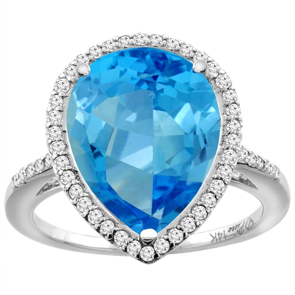 14K White Gold Pear Cut Swiss Blue Topaz & Diamond Engagement Ring – 16x12mm, Sizes 5-10 – Perfect for Proposals, Anniversaries & Special Occasions