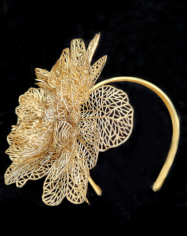Elegant Metallic Gold Filigree Flower Headband - Race Day Crown & Fascinators by Ginger at Kezani | Perfect for Weddings, Derby Parties & Special Occasions