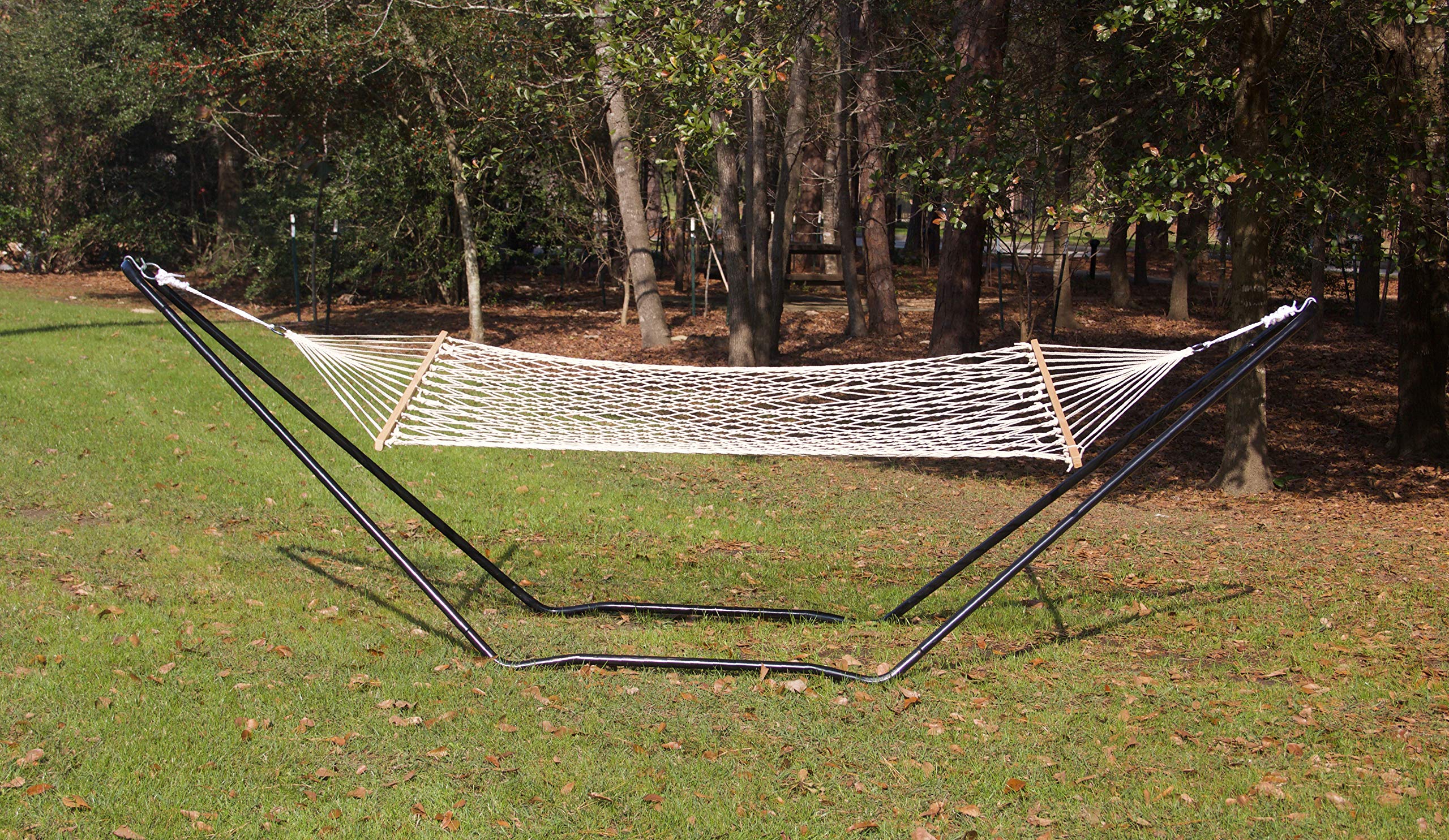 Texsport High Island Rope Hammock with Stand - Easy Setup, White & Black - Perfect for Backyard, Patio, Beach & Outdoor Relaxation