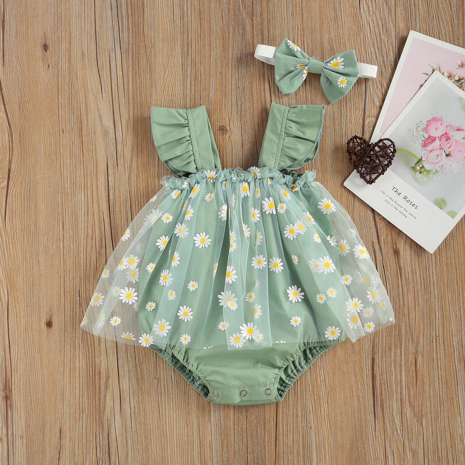 Adorable Baby Girl Ruffle Sleeve Daisy Print Romper Dress & Headband Set - Summer Sunsuit Outfit for Newborns, Infants & Toddlers - Perfect for Photoshoots, Birthday Parties & Beach Vacations