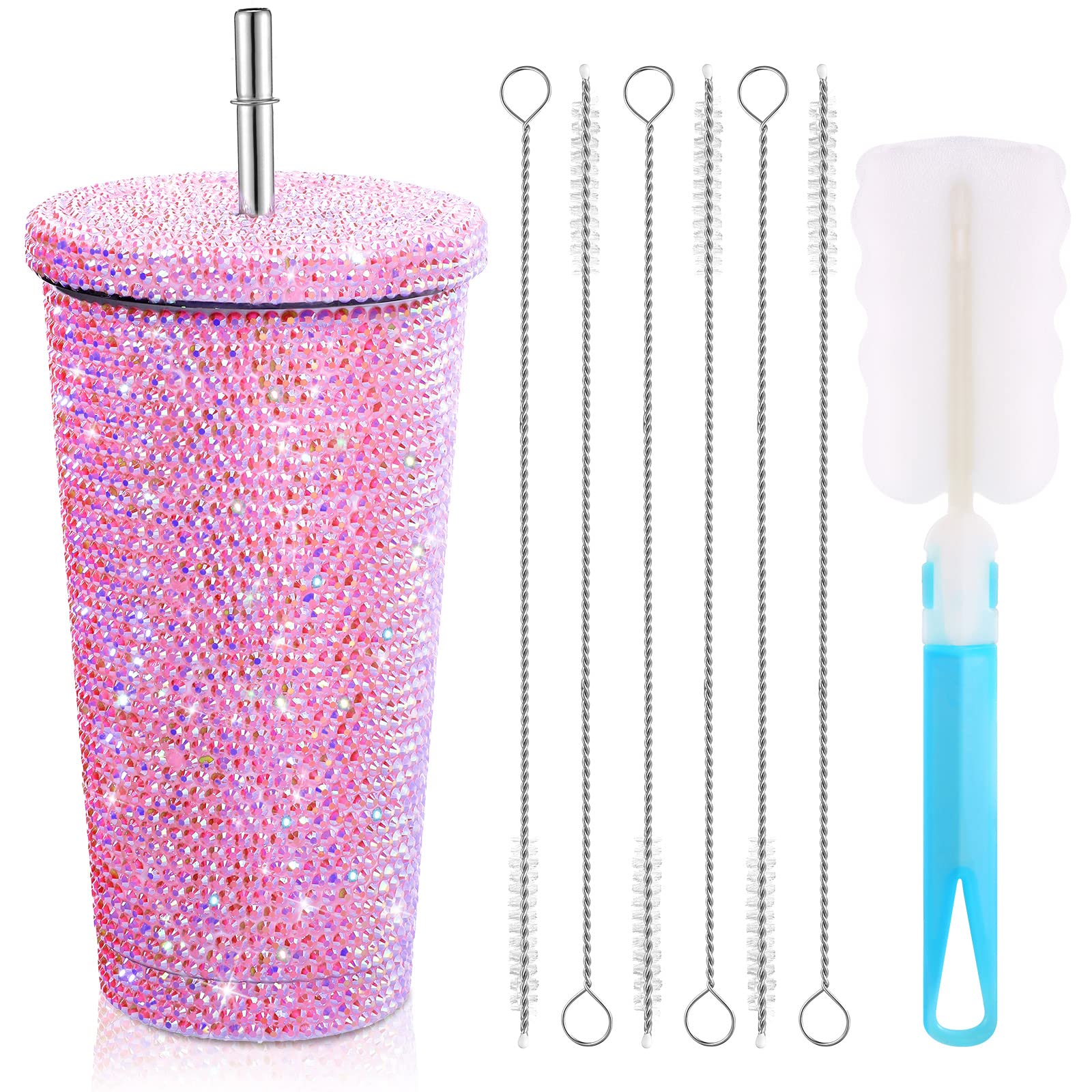 Sparkling Studded Rhinestone Tumbler - 16.9oz Stainless Steel Vacuum Insulated Water Bottle with Lid & Straw | Diamond Glitter Thermal Cup with Cleaning Brushes (1 Cup Brush + 6 Straw Brushes) | Perfect for Women's Gym, Office & Outdoor Activities (AB Pink)