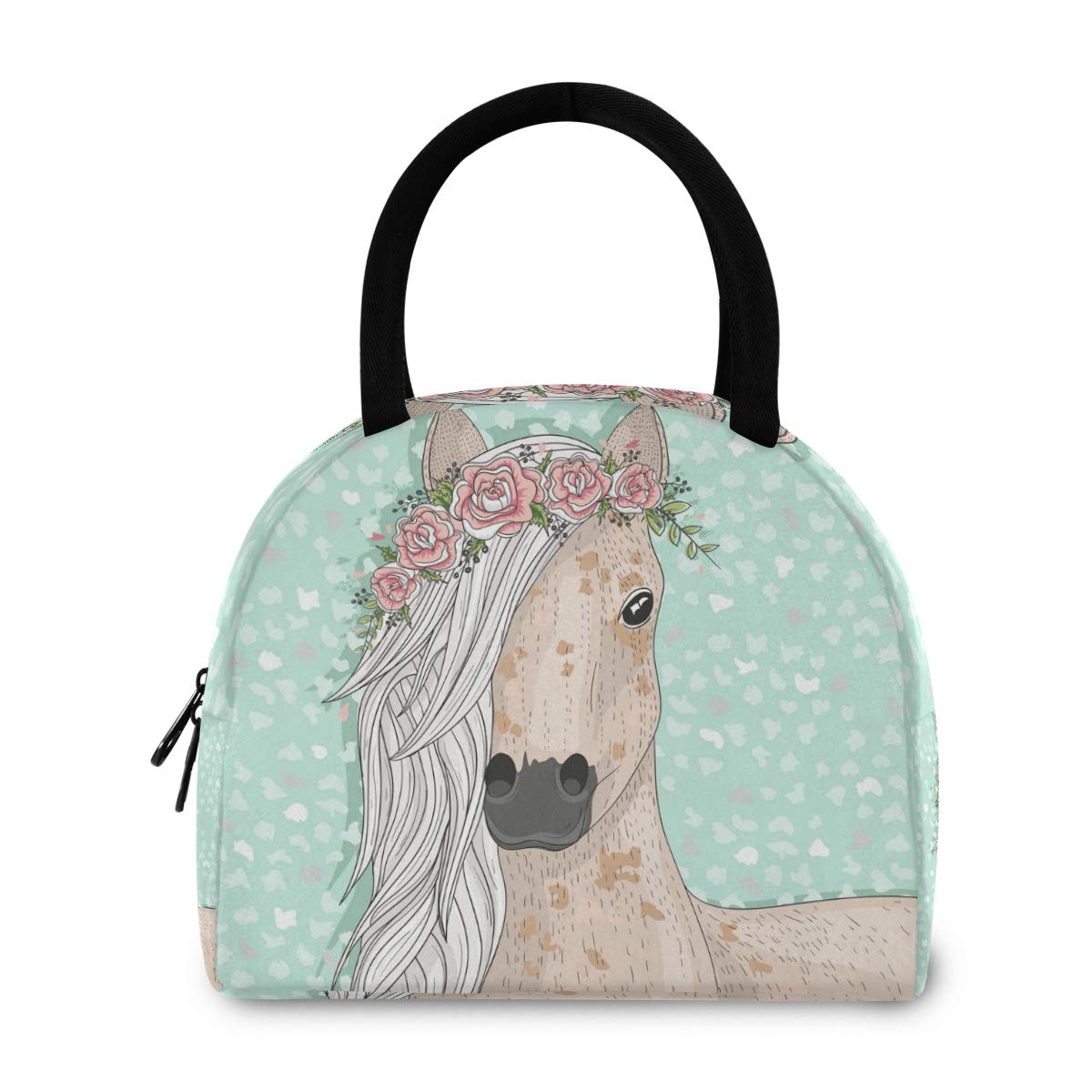 Insulated Lunch Bag for Women - Flower Horse Design Cooler Tote Bag for Work, School & Picnics | Leakproof & Thermal Insulation Lunch Box for Office, Travel & Outdoor Activities