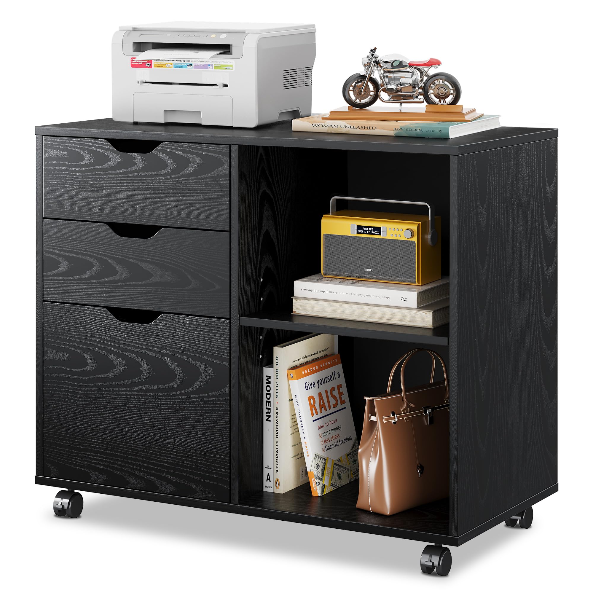 DEVAISE 3-Drawer Wood File Cabinet - Mobile Lateral Office Organizer with Open Storage Shelves & Printer Stand for Home Office - Black - Perfect for Document Storage & Workspace Organization