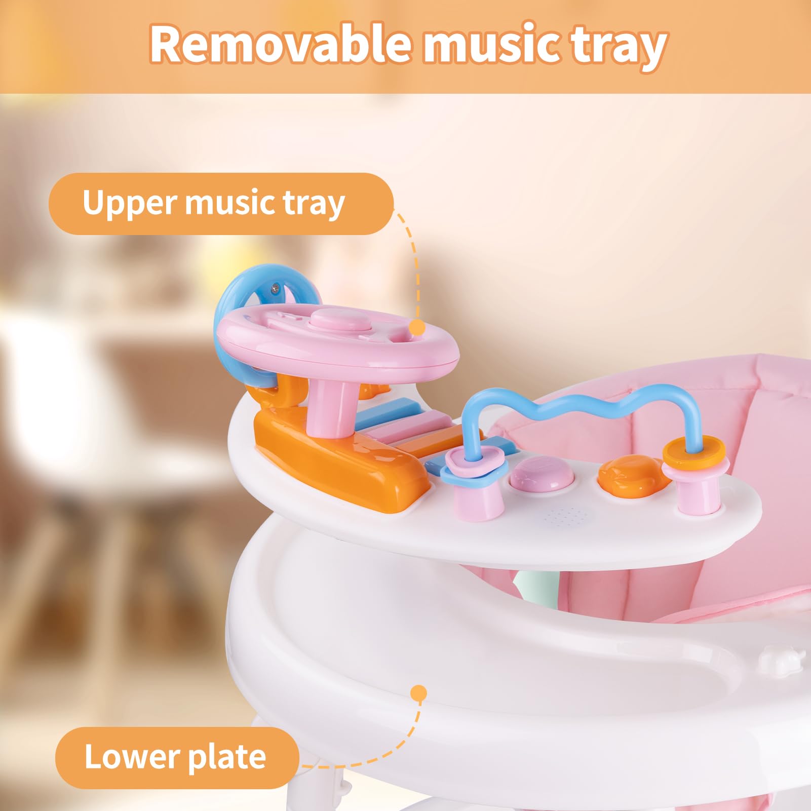 9-Speed Adjustable Foldable Baby Walker with Activity Center, Feeding Tray & Music | Push Handle, Footrest & Silent Wheels for Safety | Anti-Rollover Design for Boys & Girls (6-18 Months) | Perfect for Learning to Walk, Playtime & Indoor Activities