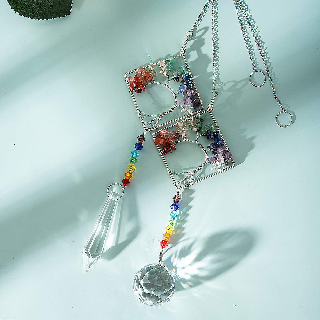 LONGSHENG Chakra Stone Life Tree Suncatcher Set of 2 - Handmade Crystal Glass Ornament for Home Decor, Rainbow Maker & Feng Shui Gift | Perfect for Meditation Rooms, Yoga Studios & Spiritual Spaces (Since 2001)