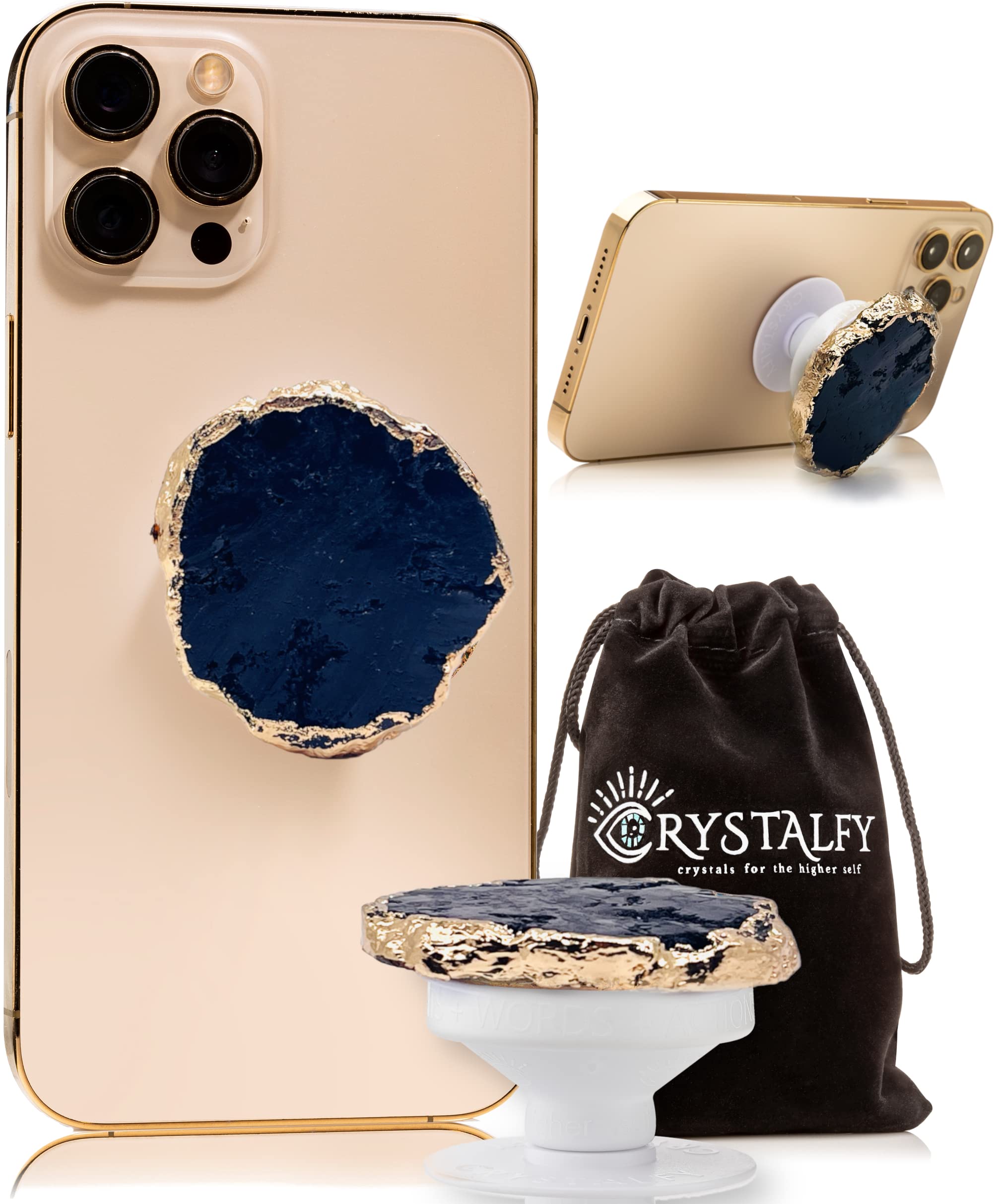CRYSTALFY Crystal Phone Grip & Stand - Natural Gemstone Swappable Top, Expandable Holder for iPhone, Samsung & Tablets - Black Druzy - Perfect for Work, Travel & Hands-Free Viewing