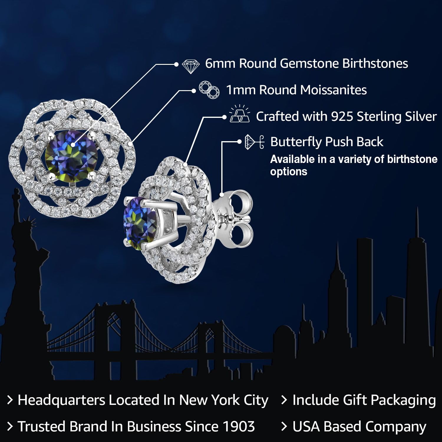Gem Stone King 6MM Round 925 Sterling Silver Birthstone Stud Earrings with White Moissanite & Removable Jackets for Women | Perfect Gift for Birthday, Anniversary & Everyday Wear