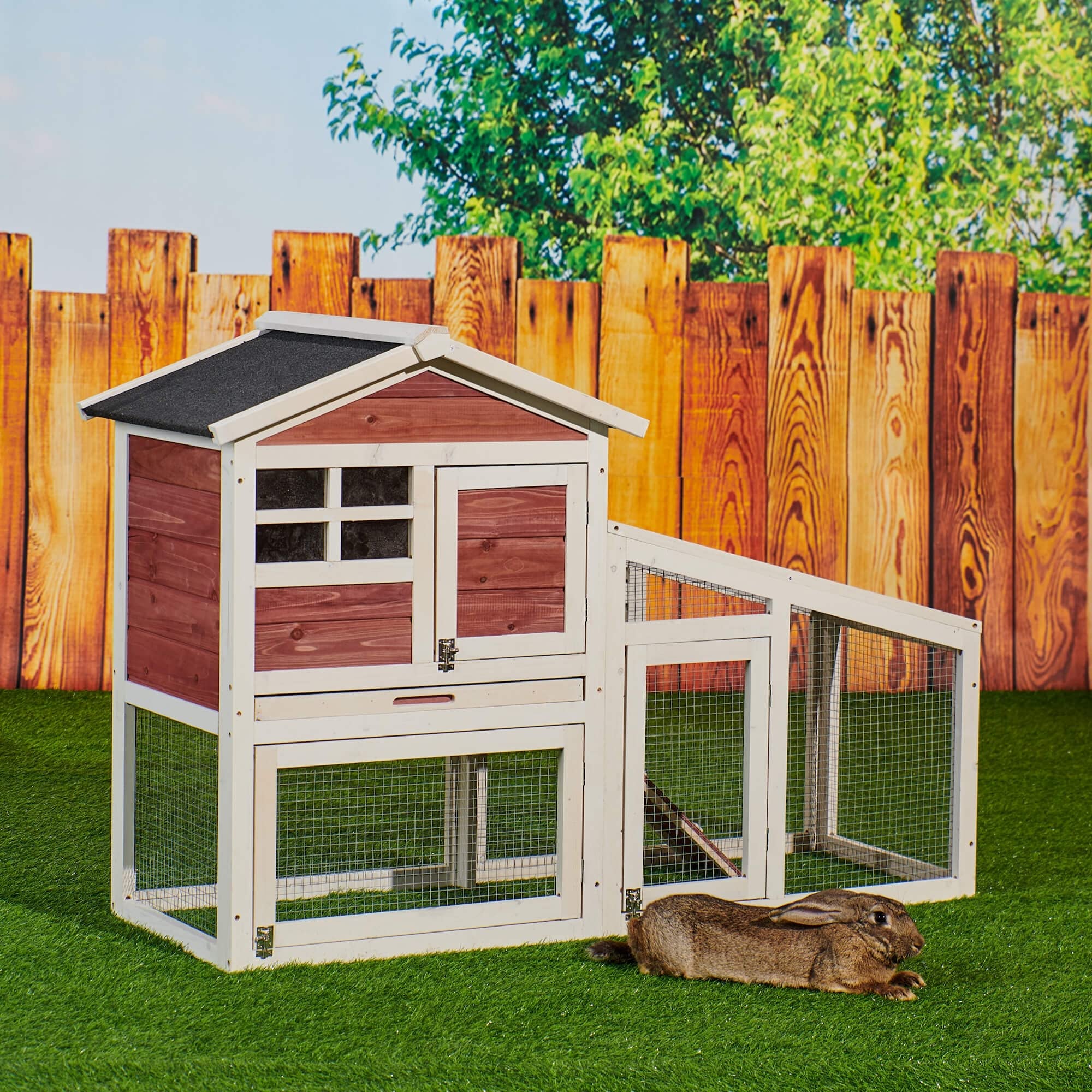Premium Wooden Rabbit Hutch for Indoor & Outdoor Use - Bunny Cage, Chicken Coop with Ventilation Door, Removable Tray & Ramp - Sunlight Panel Design for Backyard, Garden Pet Housing (Gray) - Perfect for Rabbits, Chickens & Small Animals in Home or Yard